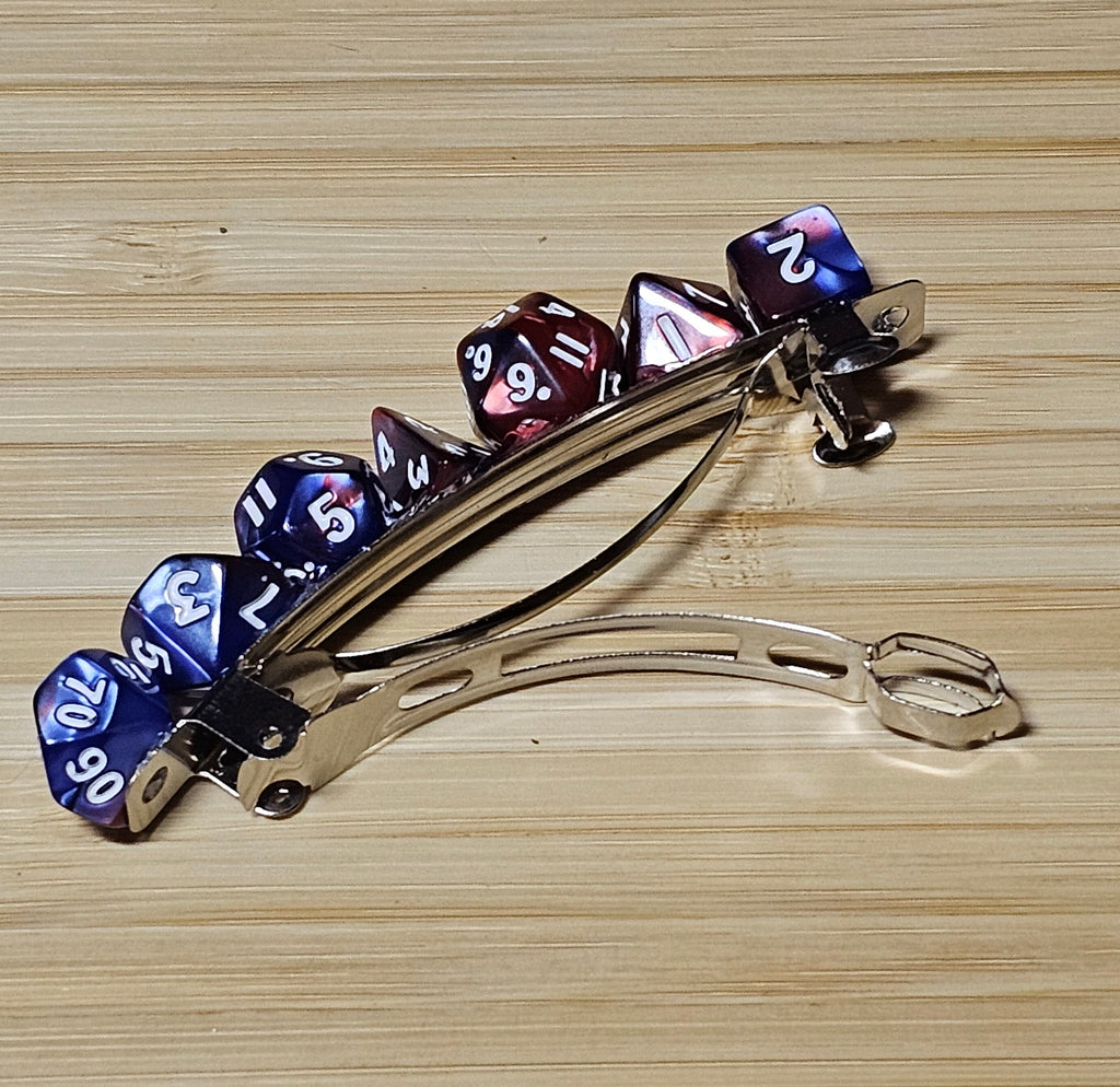Polyhedral Dice Hair Barrette | Red & Blue Marbled D&D Gamer Hair Clip Full Dice Set