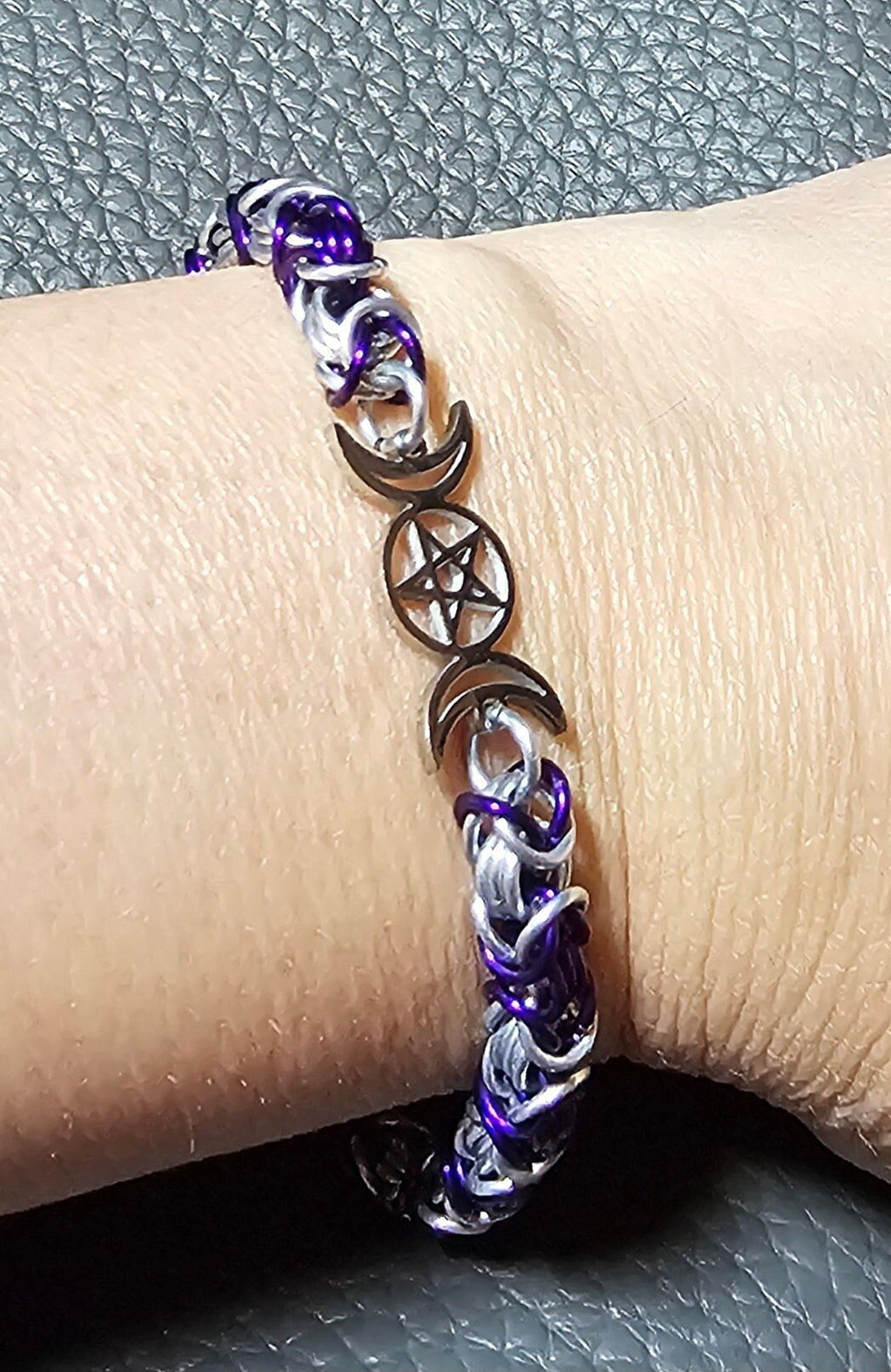 Triple Moon Goddess Chainmail Bracelet | Byzantine Weave Pagan Witchy Jewelry - Gray Cat Manor Designs
