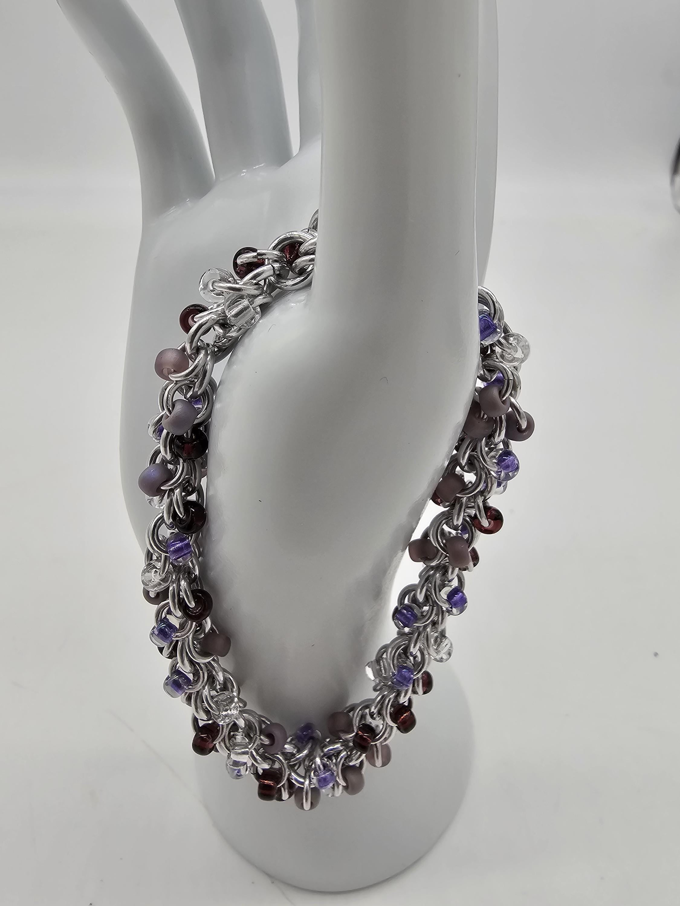 Purple Beaded Shaggy Loop Chainmail Bracelet & Anklet | Anodized Aluminum with Glass Beads