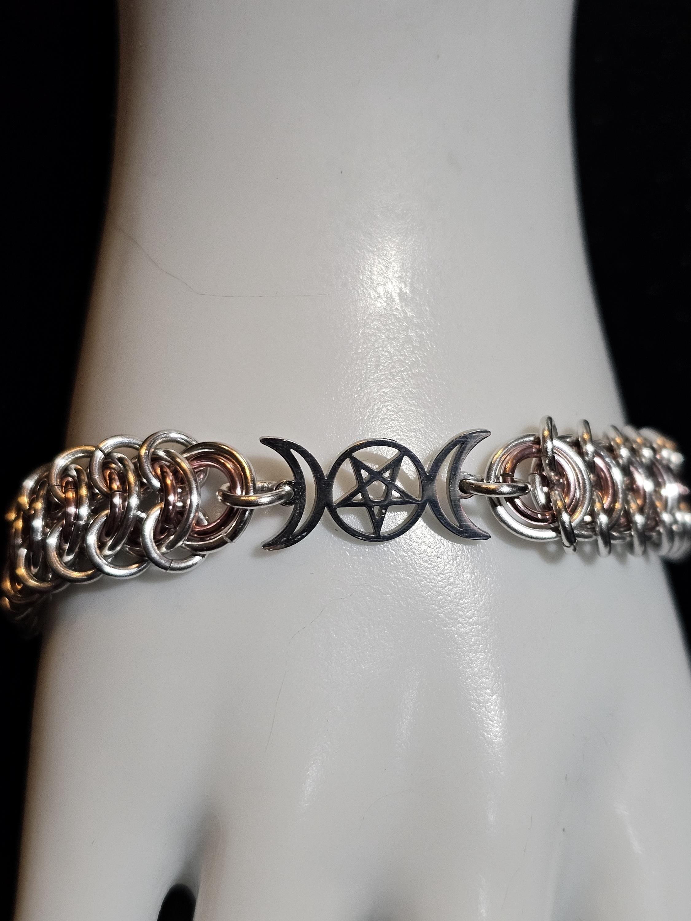 Triple Moon Goddess Chainmail Bracelet | Custom Pagan Wiccan Jewelry Handmade