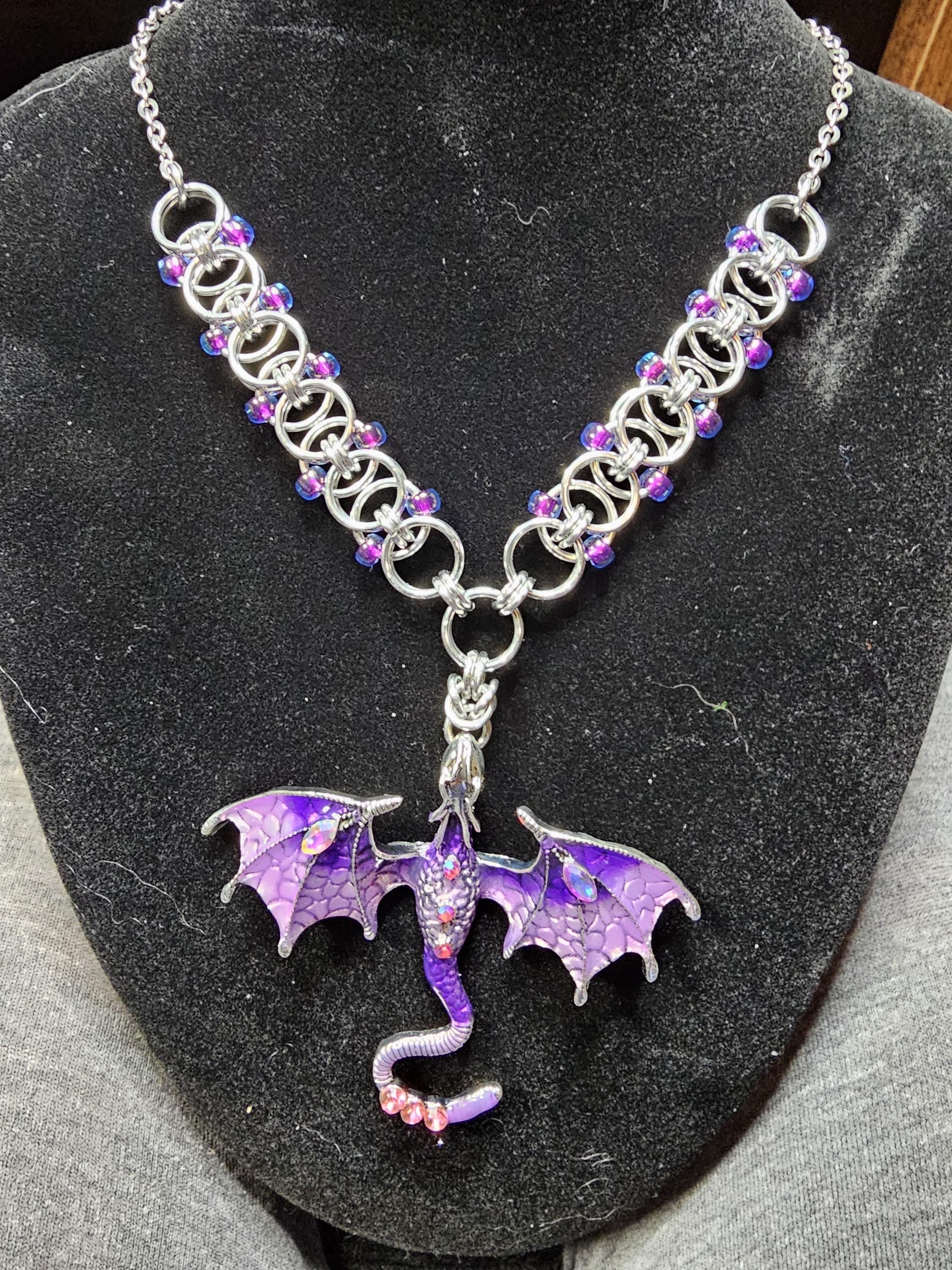 Purple & Silver Dragon Chainmail Choker | Handmade Helm Weave Statement Necklace - Gray Cat Manor Designs