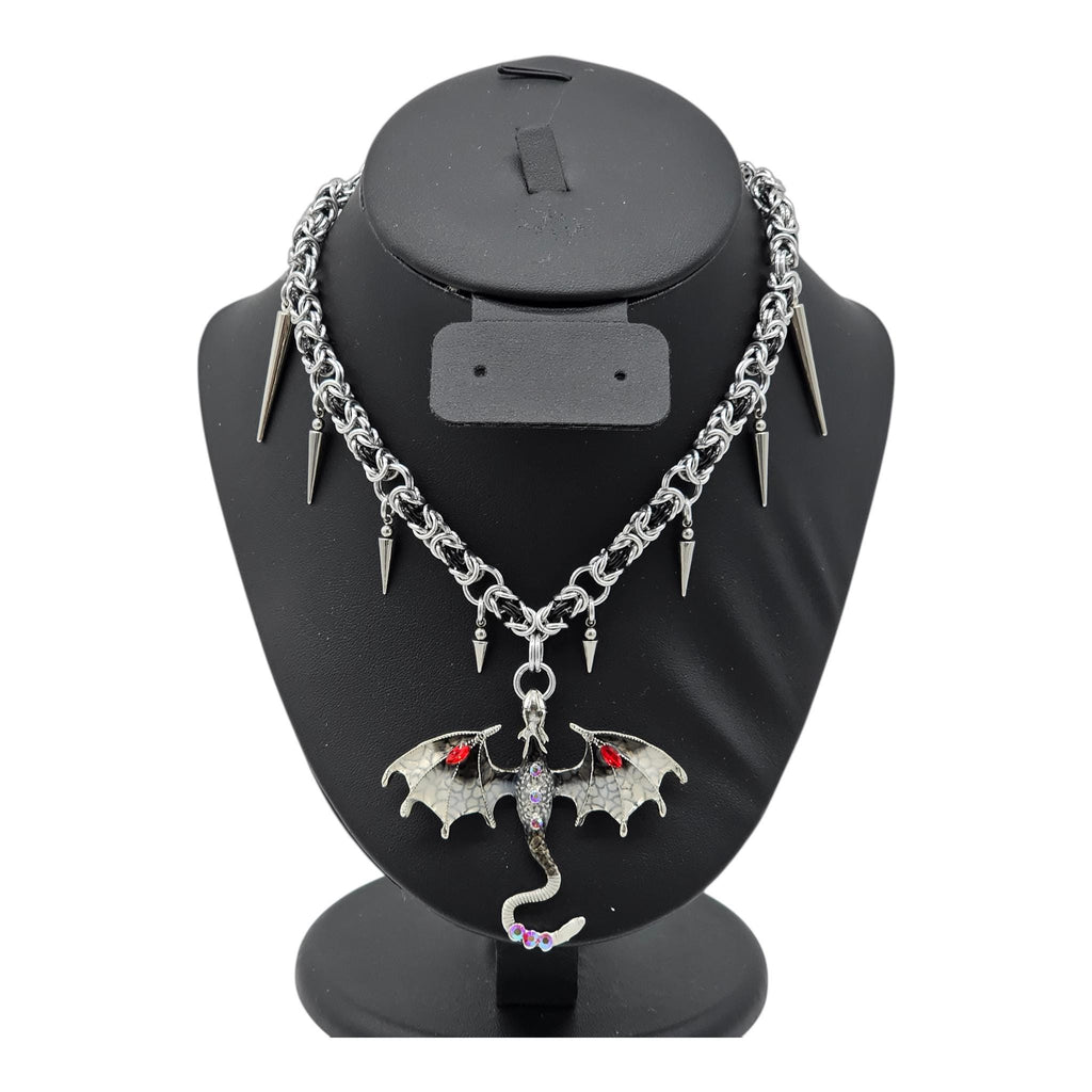 Black & Silver Byzantine Chainmail Dragon Choker | Spiked Handmade Statement Necklace - Gray Cat Manor Designs