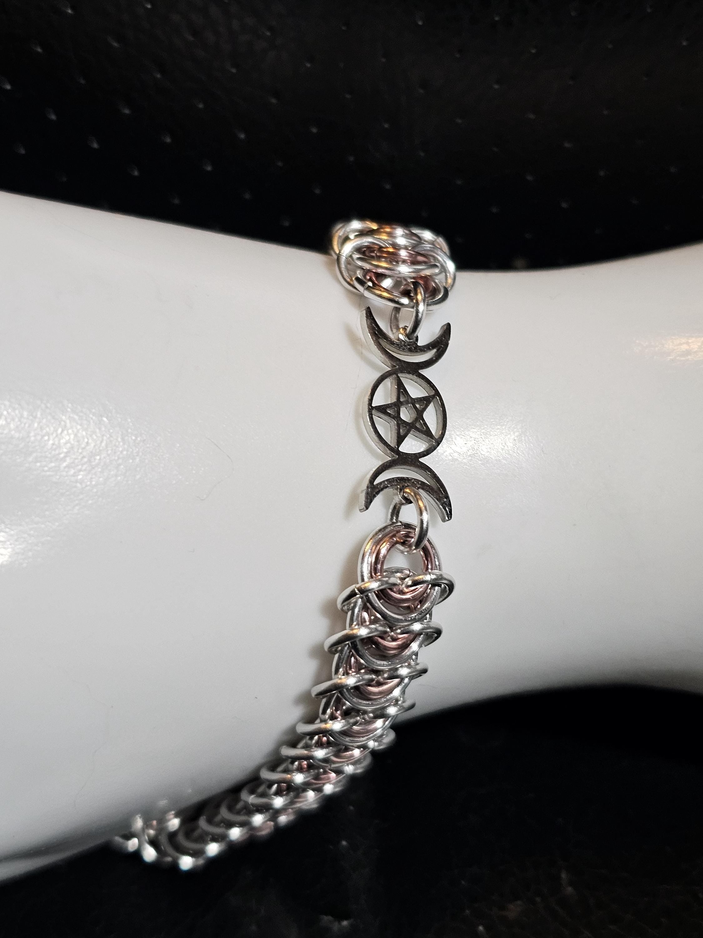 Triple Moon Goddess Chainmail Bracelet | Custom Pagan Wiccan Jewelry Handmade