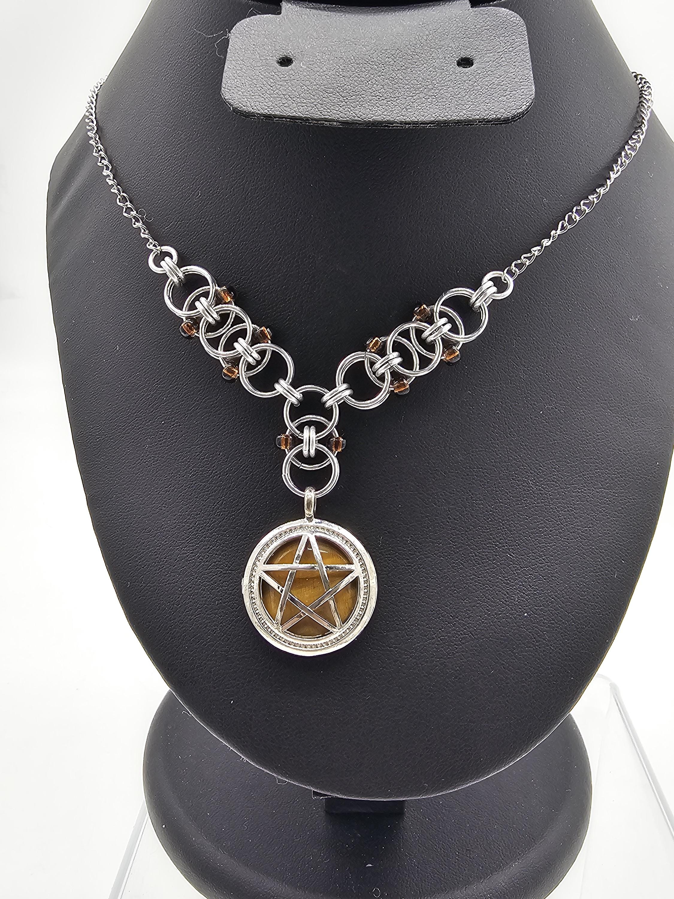 Tiger's Eye Pentacle with Beaded Helm Weave Chainmail Necklace Choker - Gray Cat Manor Designs