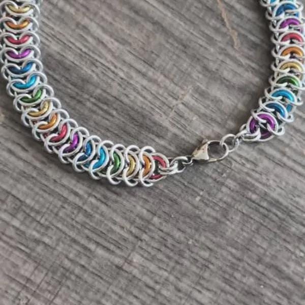 Rainbow Pride Chainmail Bracelet & Anklet | Vertebrae Weave Hypoallergenic Aluminum - Gray Cat Manor Designs