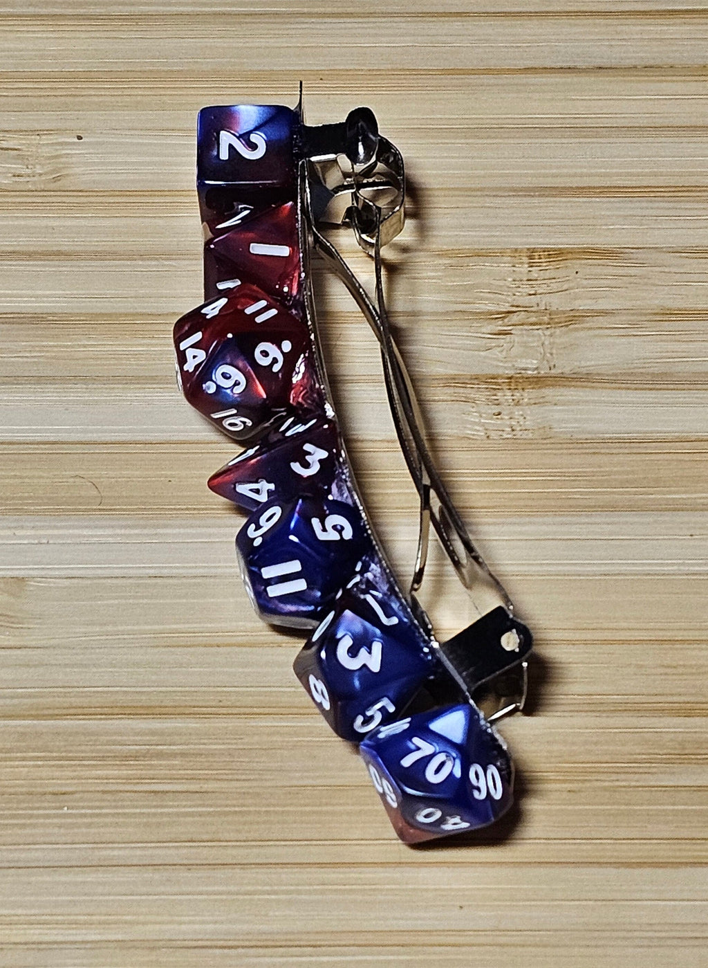 Polyhedral Dice Hair Barrette | Red & Blue Marbled D&D Gamer Hair Clip Full Dice Set