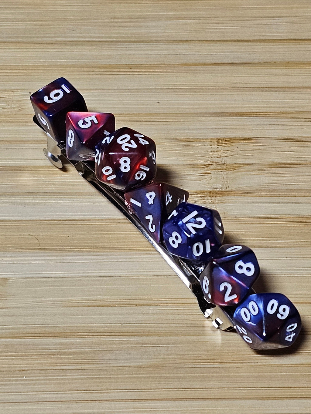 Polyhedral Dice Hair Barrette | Red & Blue Marbled D&D Gamer Hair Clip Full Dice Set