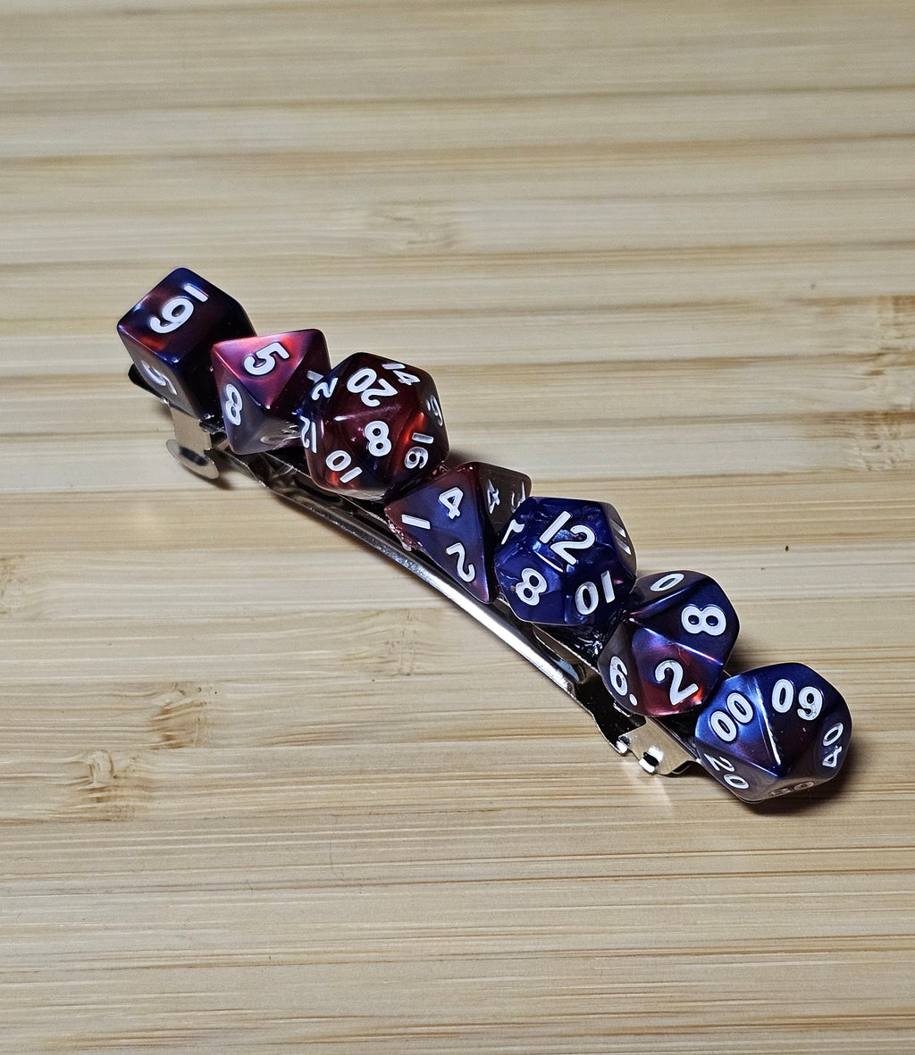 Polyhedral Dice Hair Barrette | Red & Blue Marbled D&D Gamer Hair Clip Full Dice Set