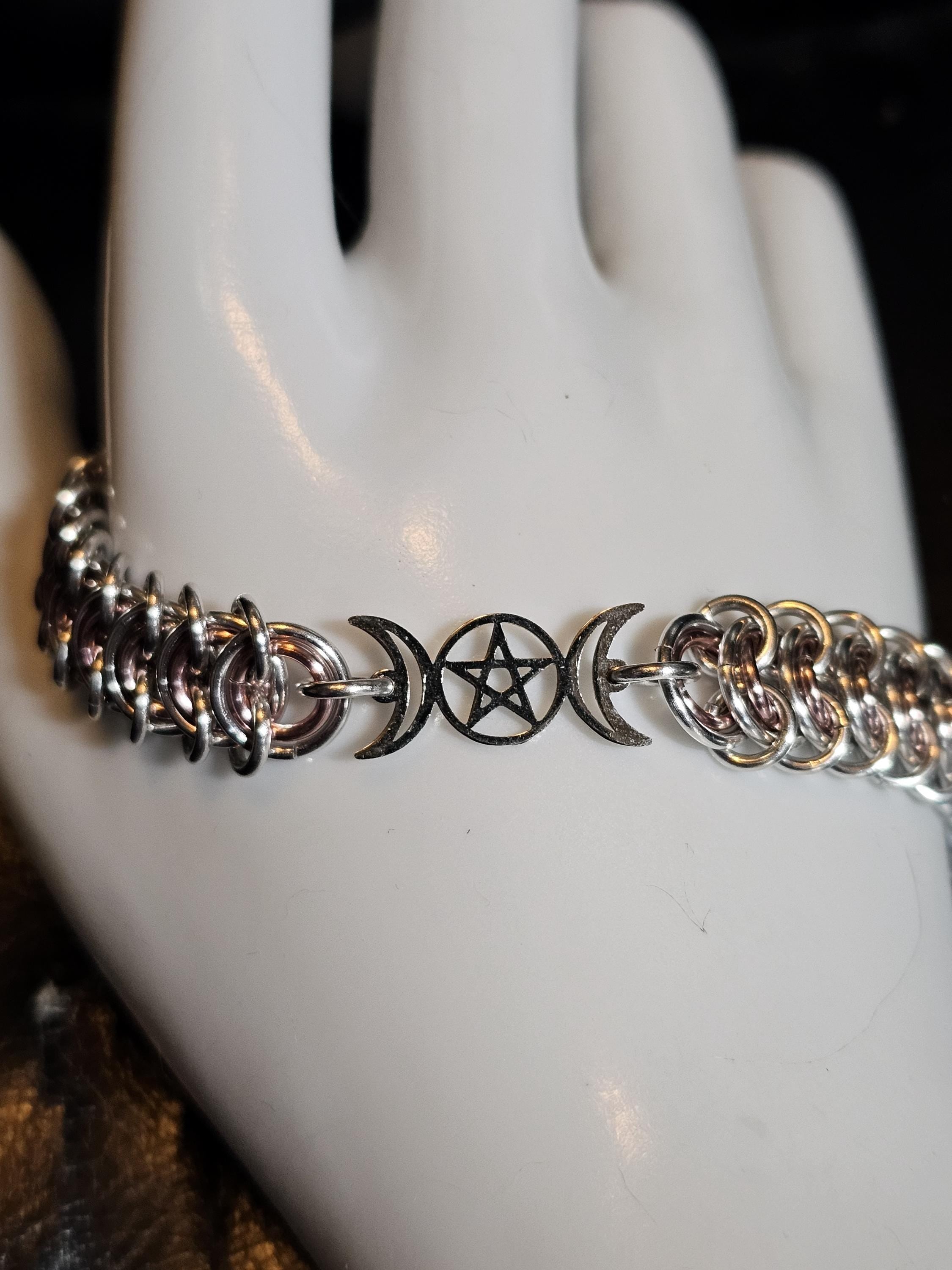 Triple Moon Goddess Chainmail Bracelet | Custom Pagan Wiccan Jewelry Handmade