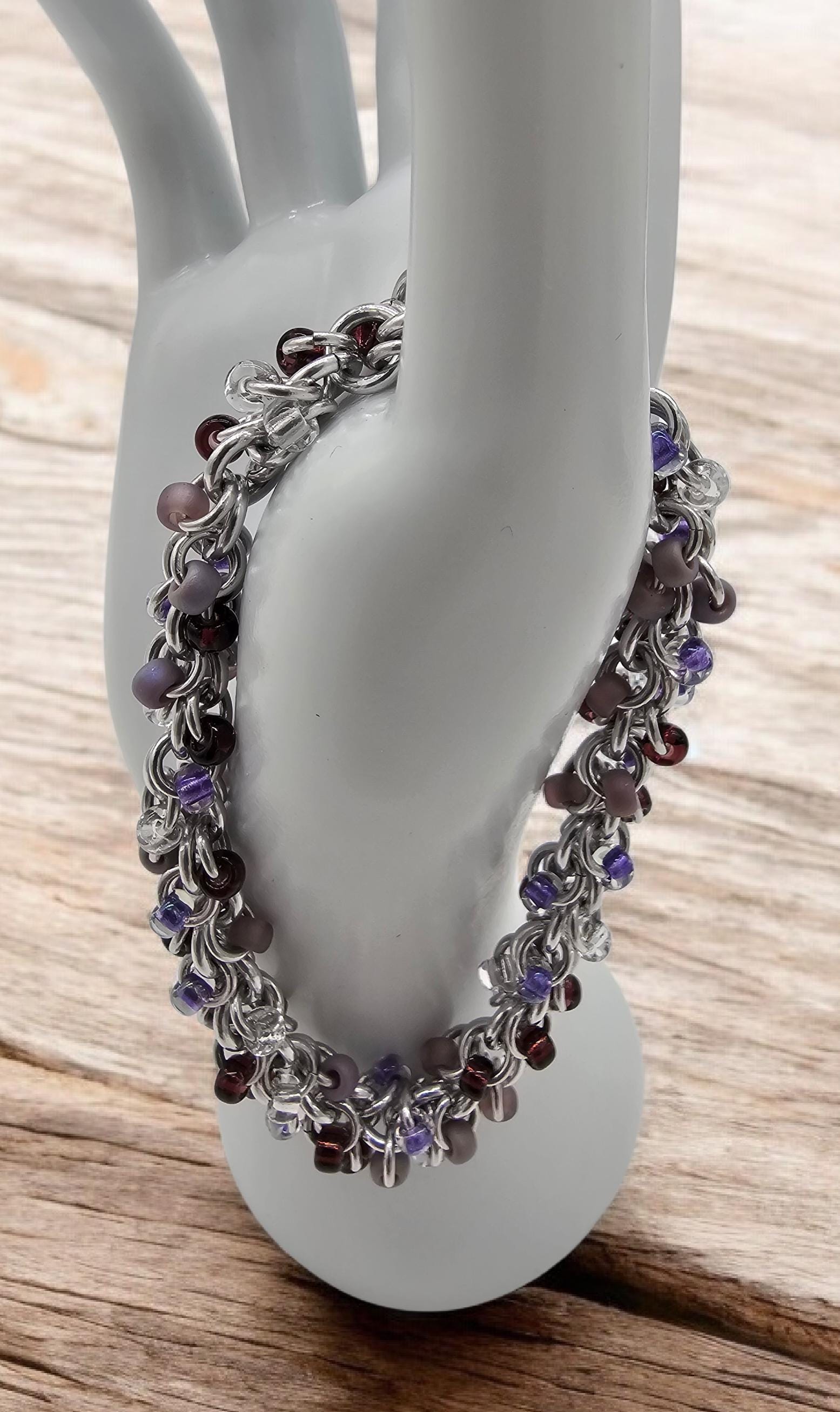 Purple Beaded Shaggy Loop Chainmail Bracelet & Anklet | Anodized Aluminum with Glass Beads