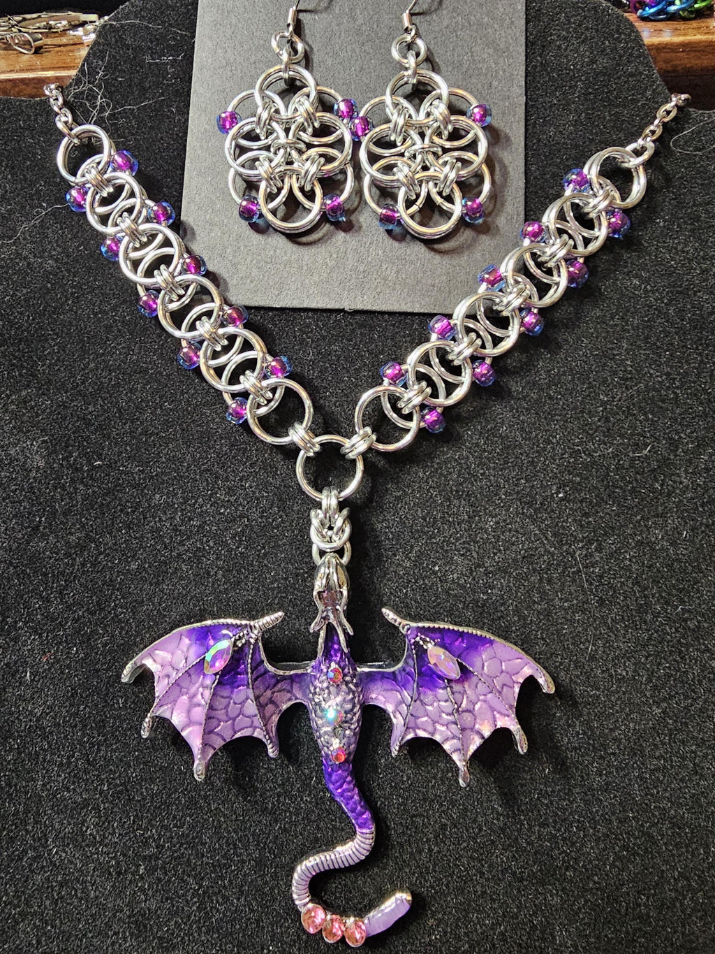 Purple & Silver Dragon Chainmail Choker | Handmade Helm Weave Statement Necklace - Gray Cat Manor Designs