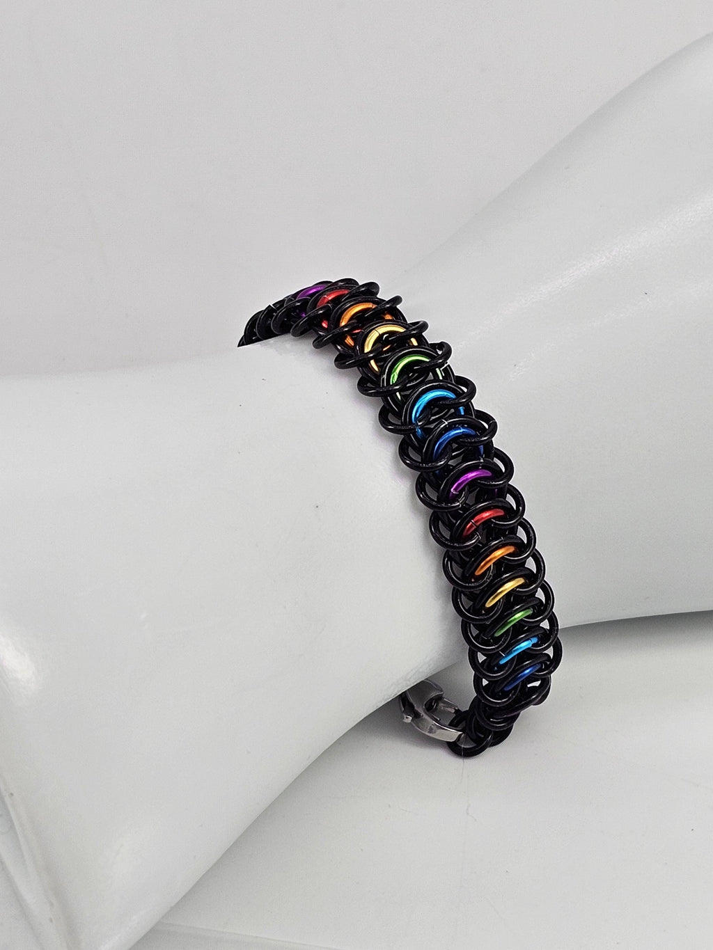 LGBTQIA Pride Chainmail Bracelet & Anklet | Black & Rainbow Vertebrae Weave - Gray Cat Manor Designs