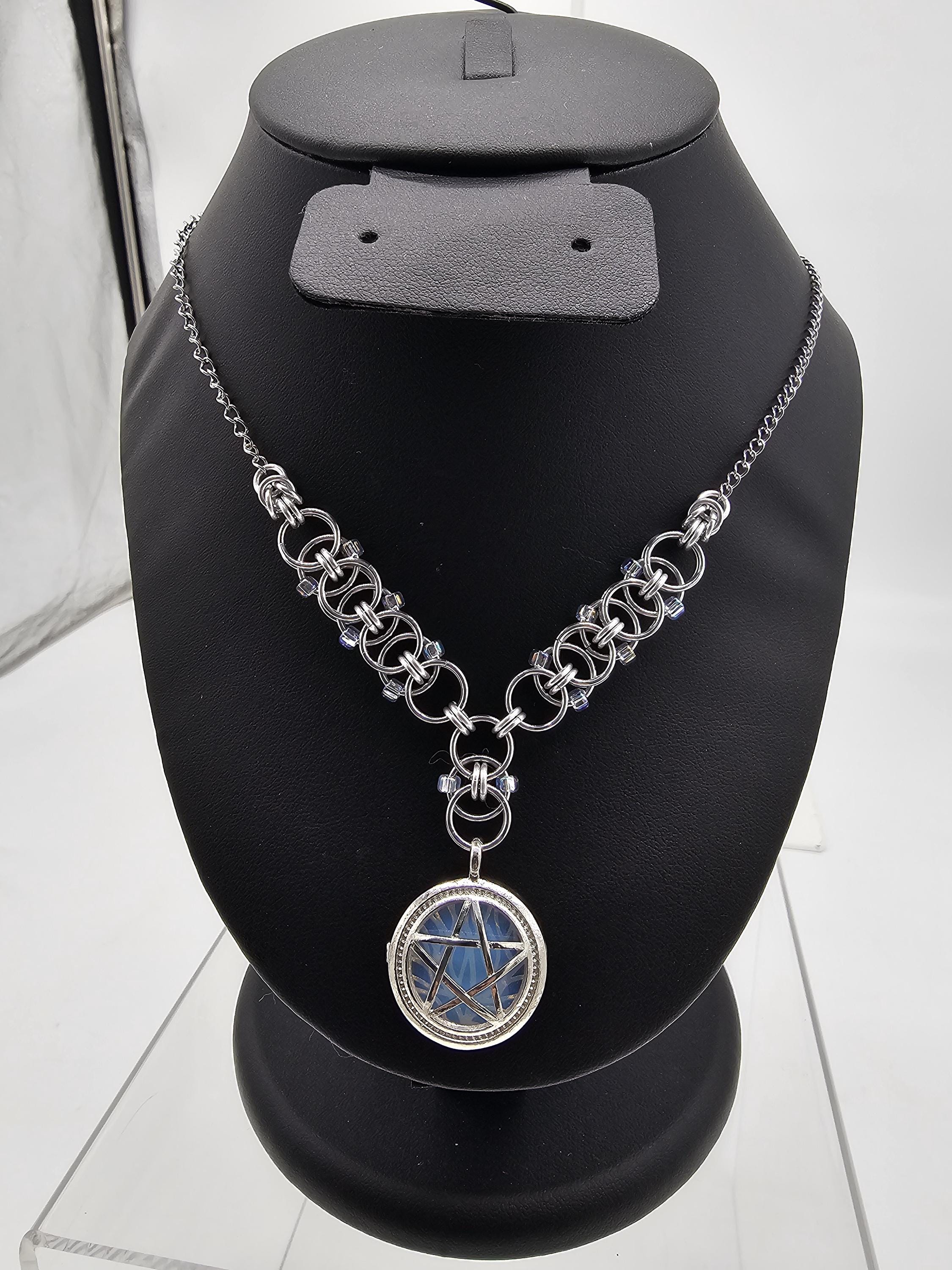 Opalite Pentacle Chainmail Choker | Beaded Helm Weave Witchy Necklace