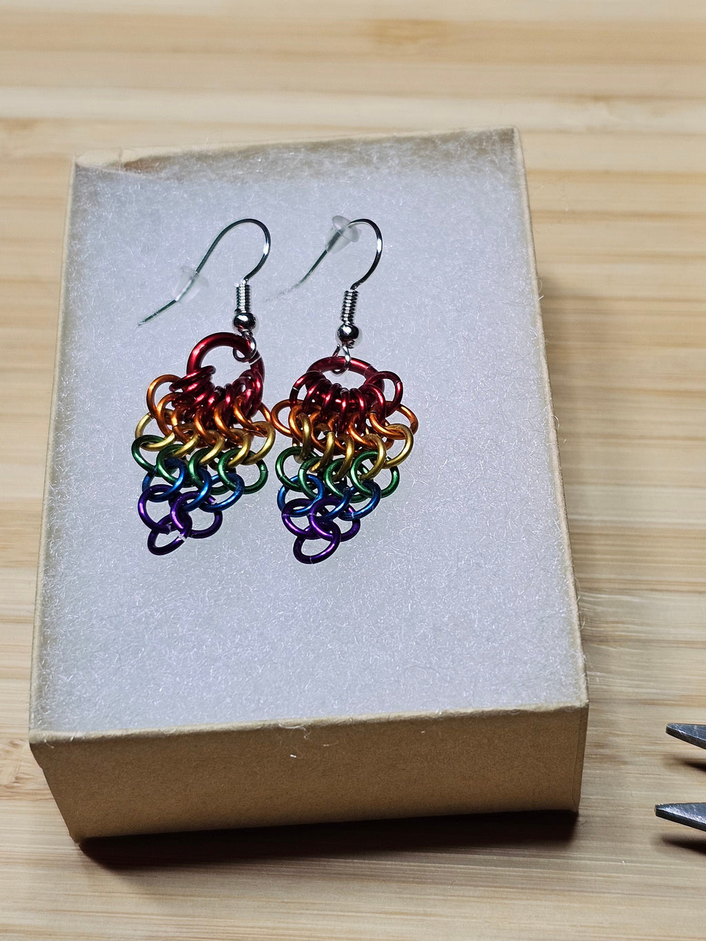 Rainbow Pride Chainmail Fan Earrings | Anodized Aluminum LGBTQ+ Jewelry - Gray Cat Manor Designs