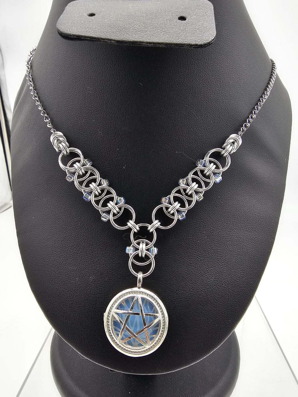 Opalite Pentacle Chainmail Choker | Beaded Helm Weave Witchy Necklace