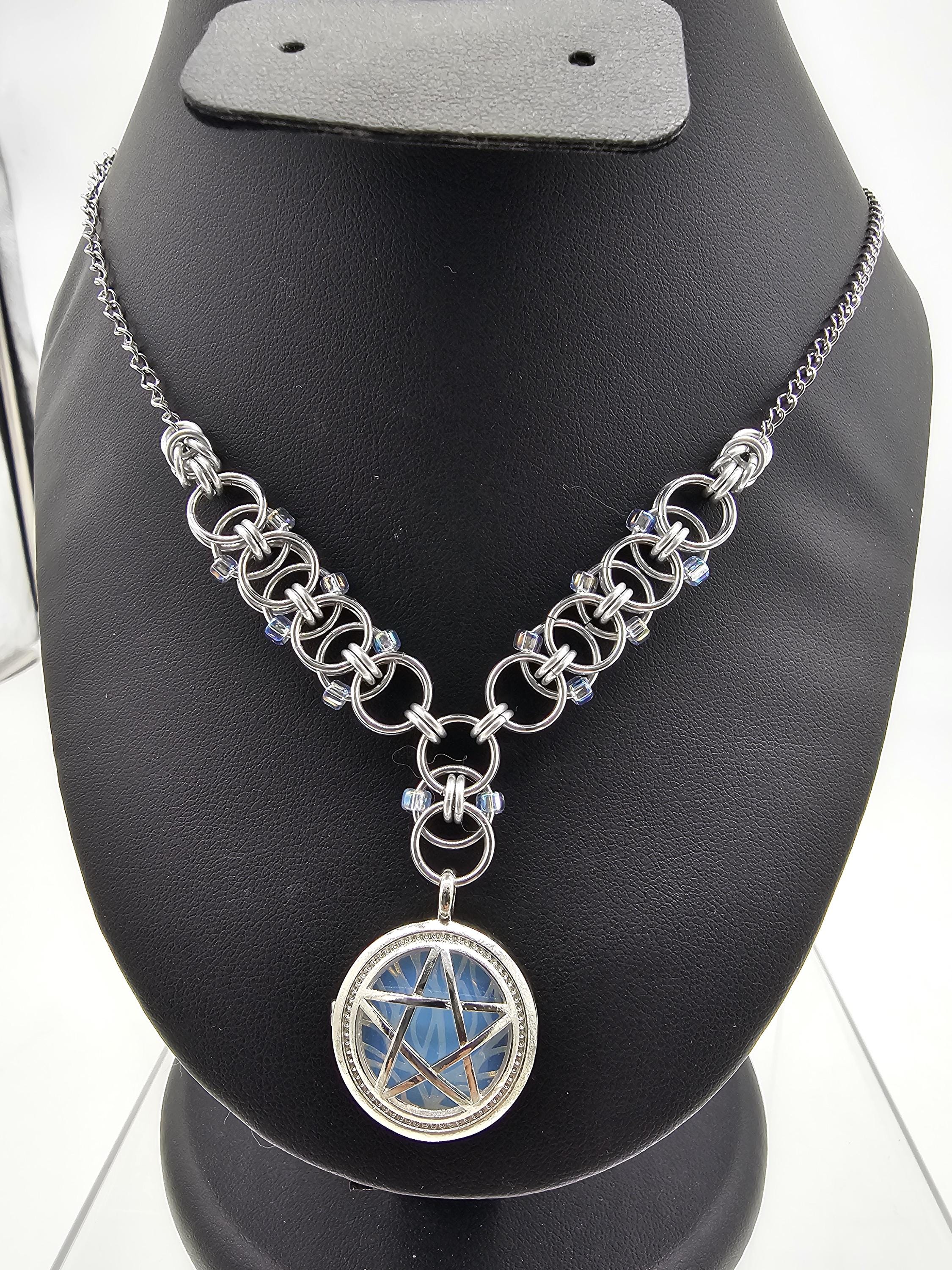 Opalite Pentacle Chainmail Choker | Beaded Helm Weave Witchy Necklace