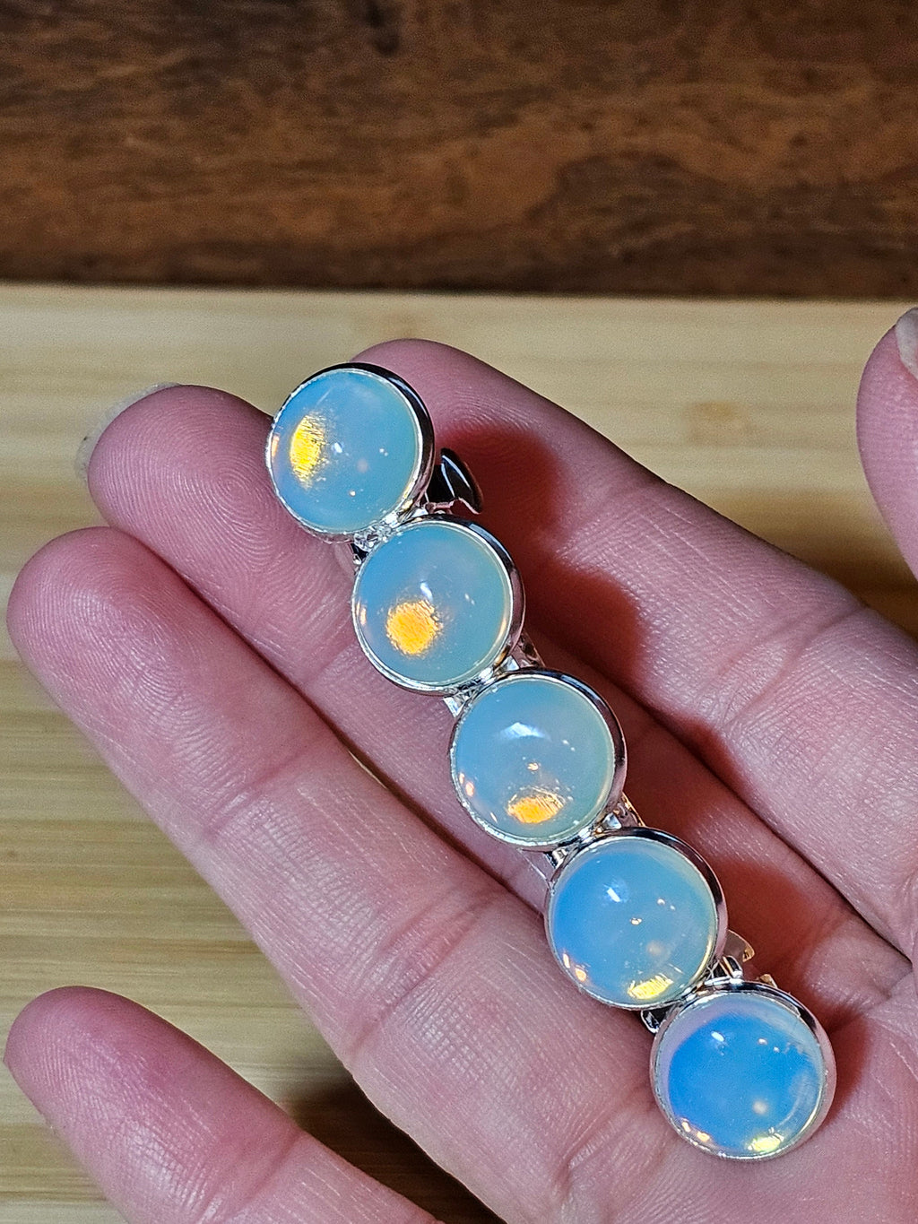 Opalite Cabochon French Barrette | Silver Stainless Steel Hair Clip 60mm