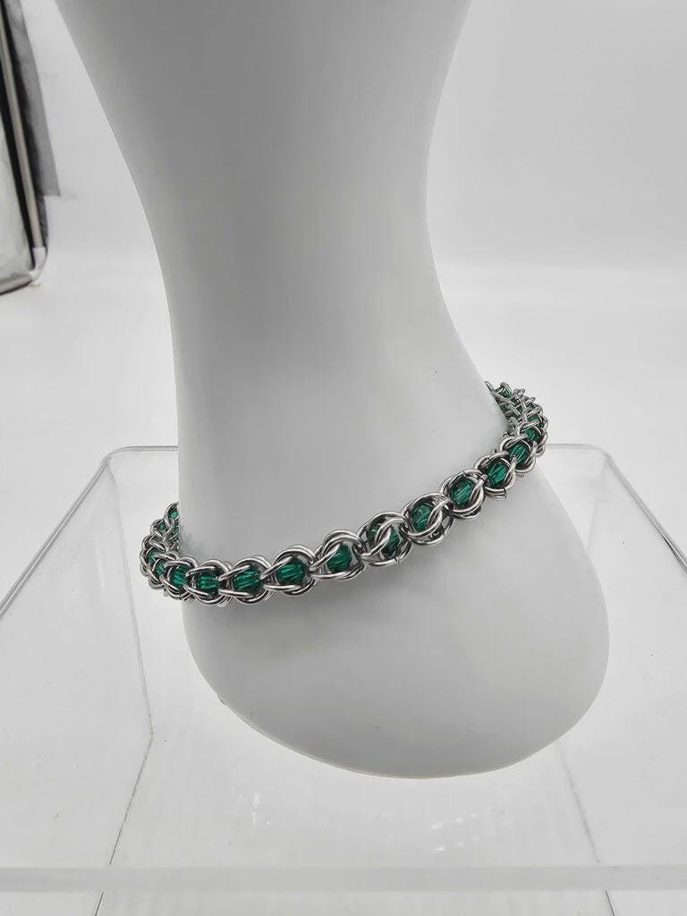 Emerald Green Crystal Chainmail Bracelet | Stainless Steel with Captured Beads