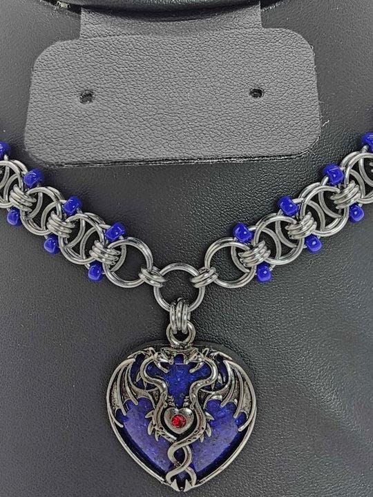 Blue Dragon Heart Chainmail Choker | Lapis Lazuli & Cobalt Helm Weave Necklace - Gray Cat Manor Designs