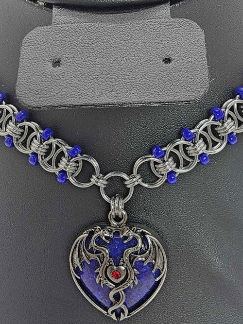 Blue Dragon Heart Chainmail Choker | Lapis Lazuli & Cobalt Helm Weave Necklace - Gray Cat Manor Designs