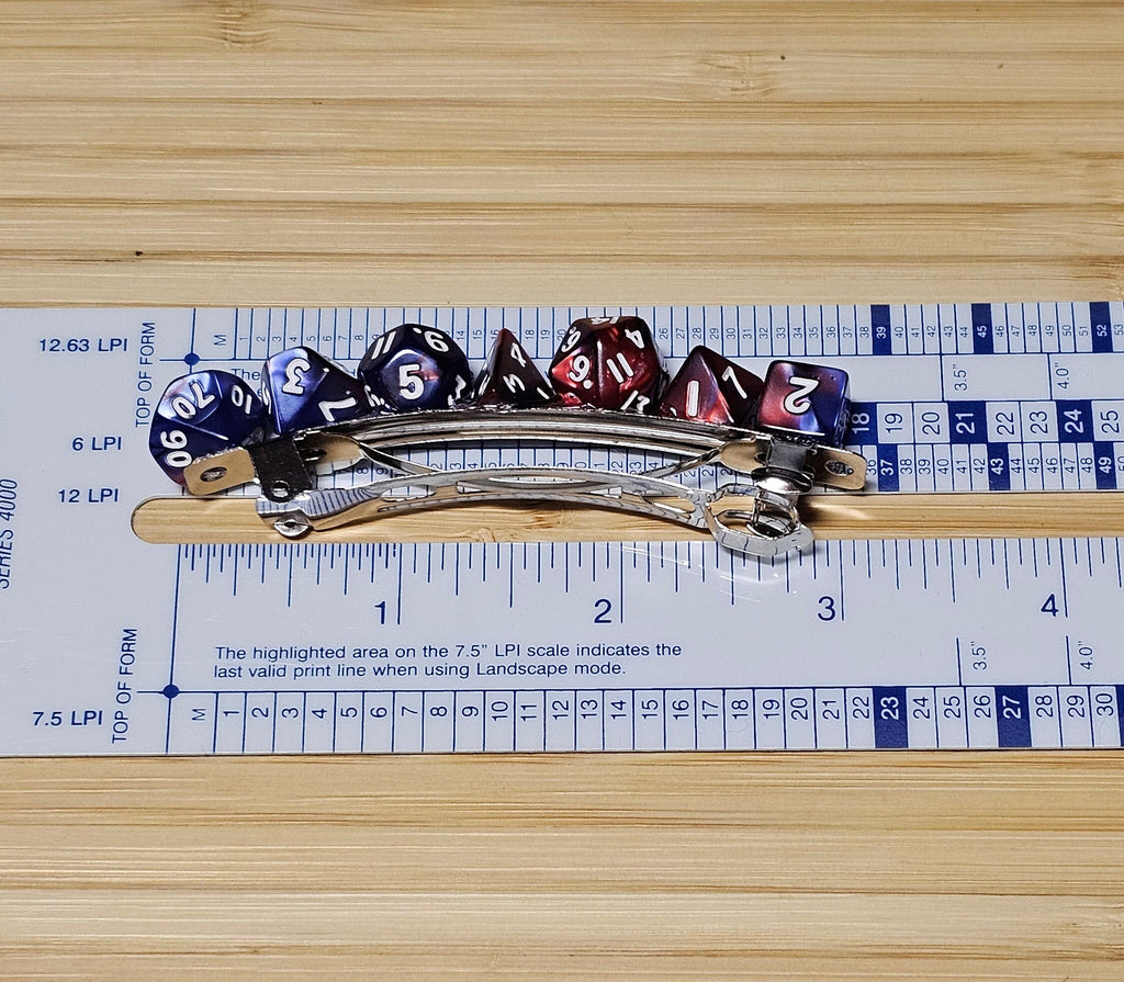 Polyhedral Dice Hair Barrette | Red & Blue Marbled D&D Gamer Hair Clip Full Dice Set