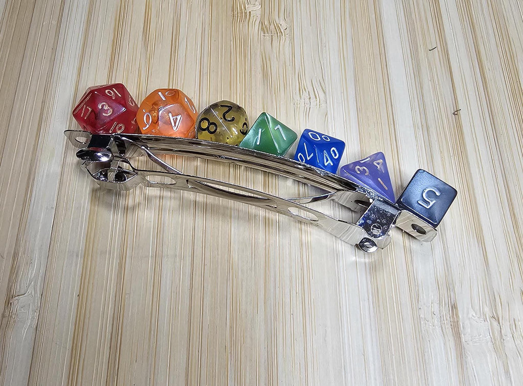 Rainbow Polyhedral Dice Barrette | TTRPG Gamer Hair Clip with Full Dice Set - Gray Cat Manor Designs