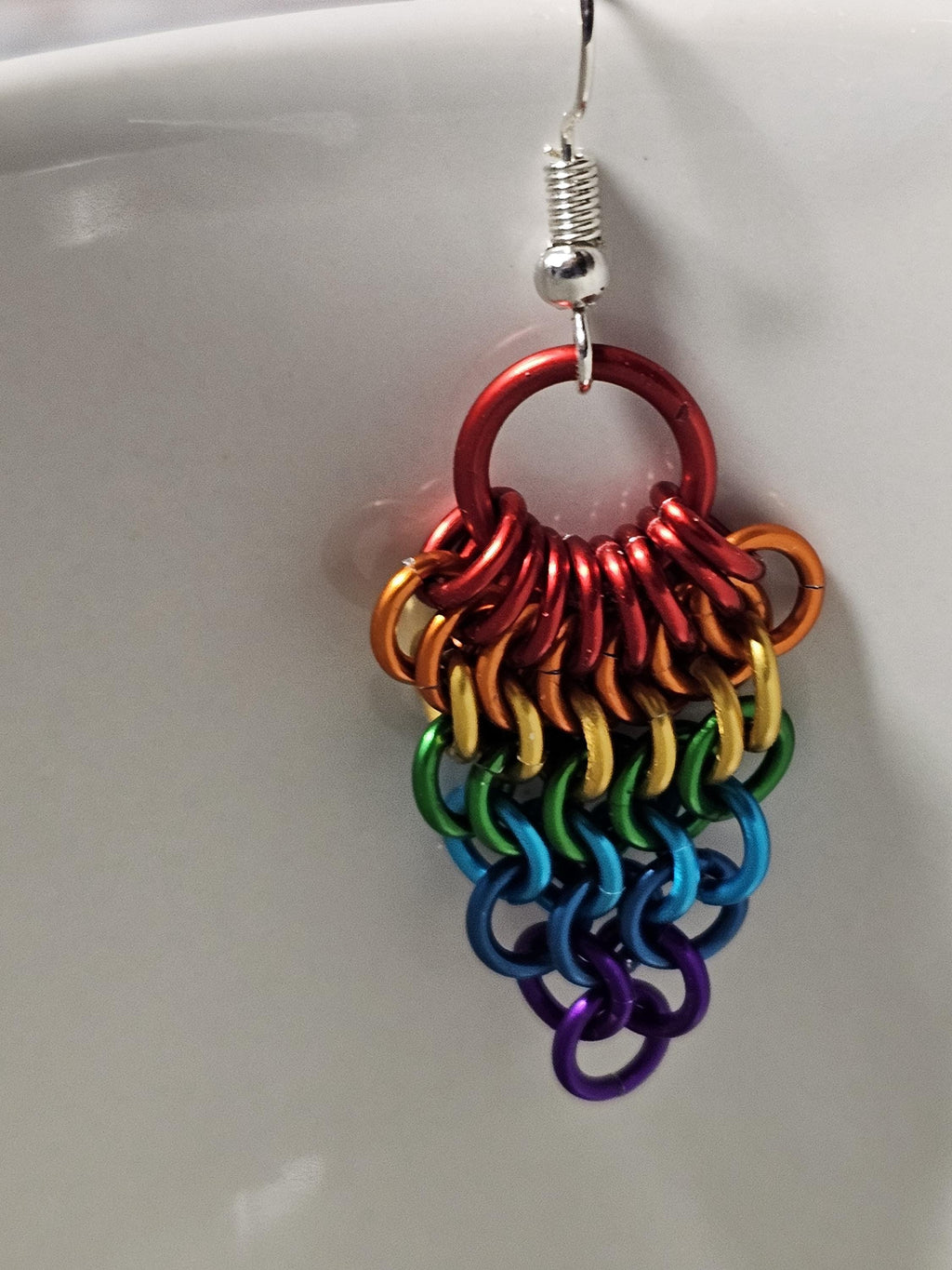 Rainbow Pride Chainmail Fan Earrings | Anodized Aluminum LGBTQ+ Jewelry - Gray Cat Manor Designs