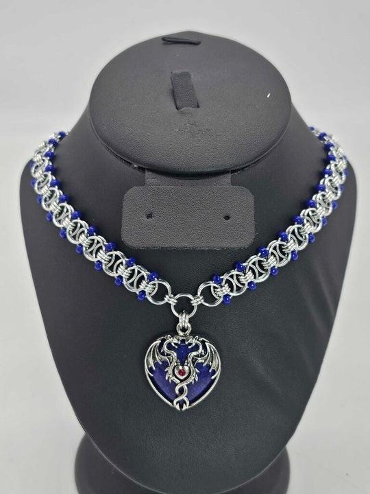 Blue Dragon Heart Chainmail Choker | Lapis Lazuli & Cobalt Helm Weave Necklace - Gray Cat Manor Designs
