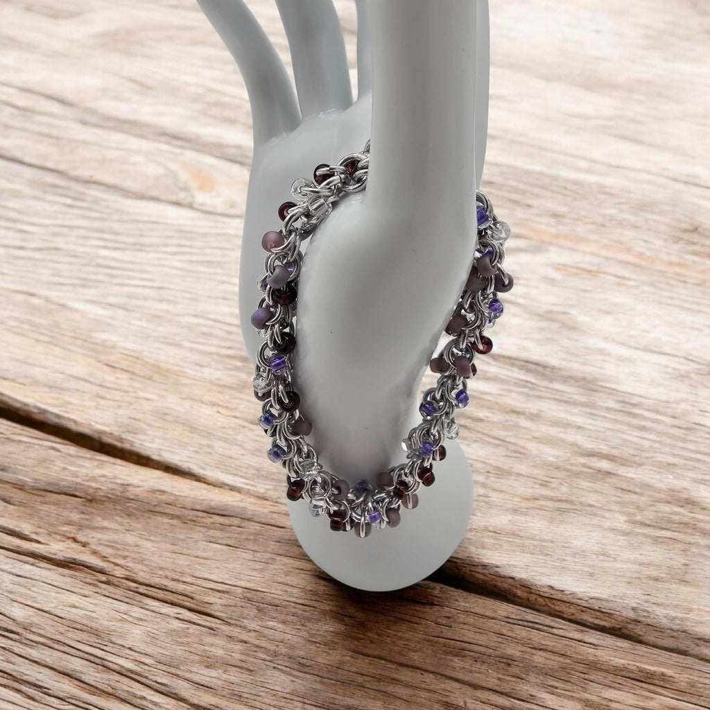 Purple Beaded Shaggy Loop Chainmail Bracelet & Anklet | Anodized Aluminum with Glass Beads - Gray Cat Manor Designs