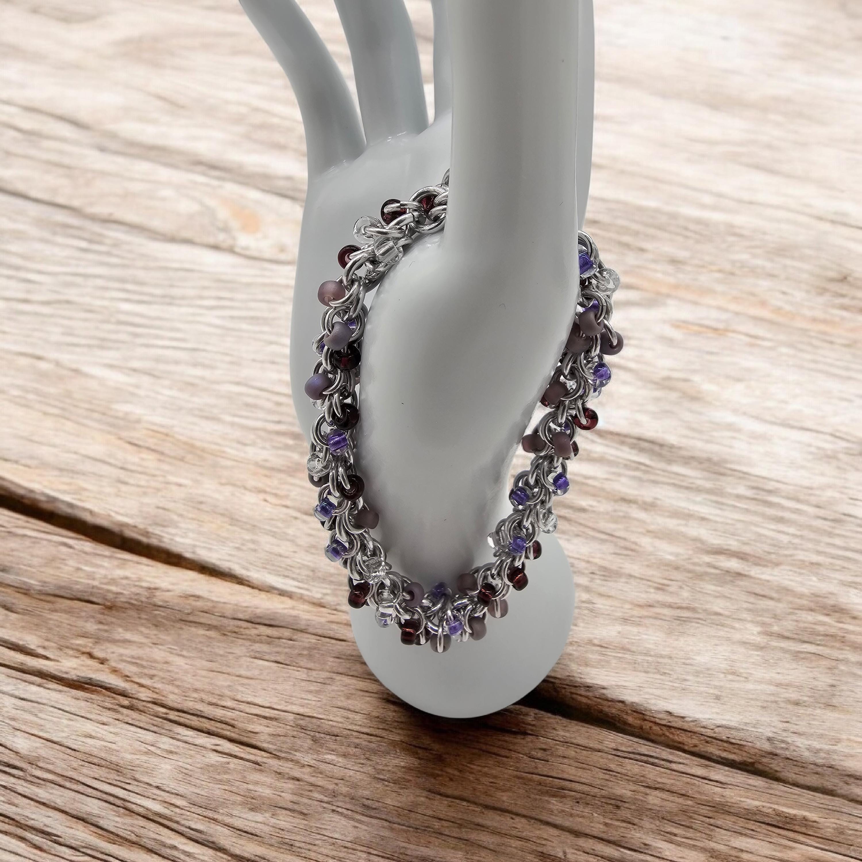 Purple Beaded Shaggy Loop Chainmail Bracelet & Anklet | Anodized Aluminum with Glass Beads - Gray Cat Manor Designs