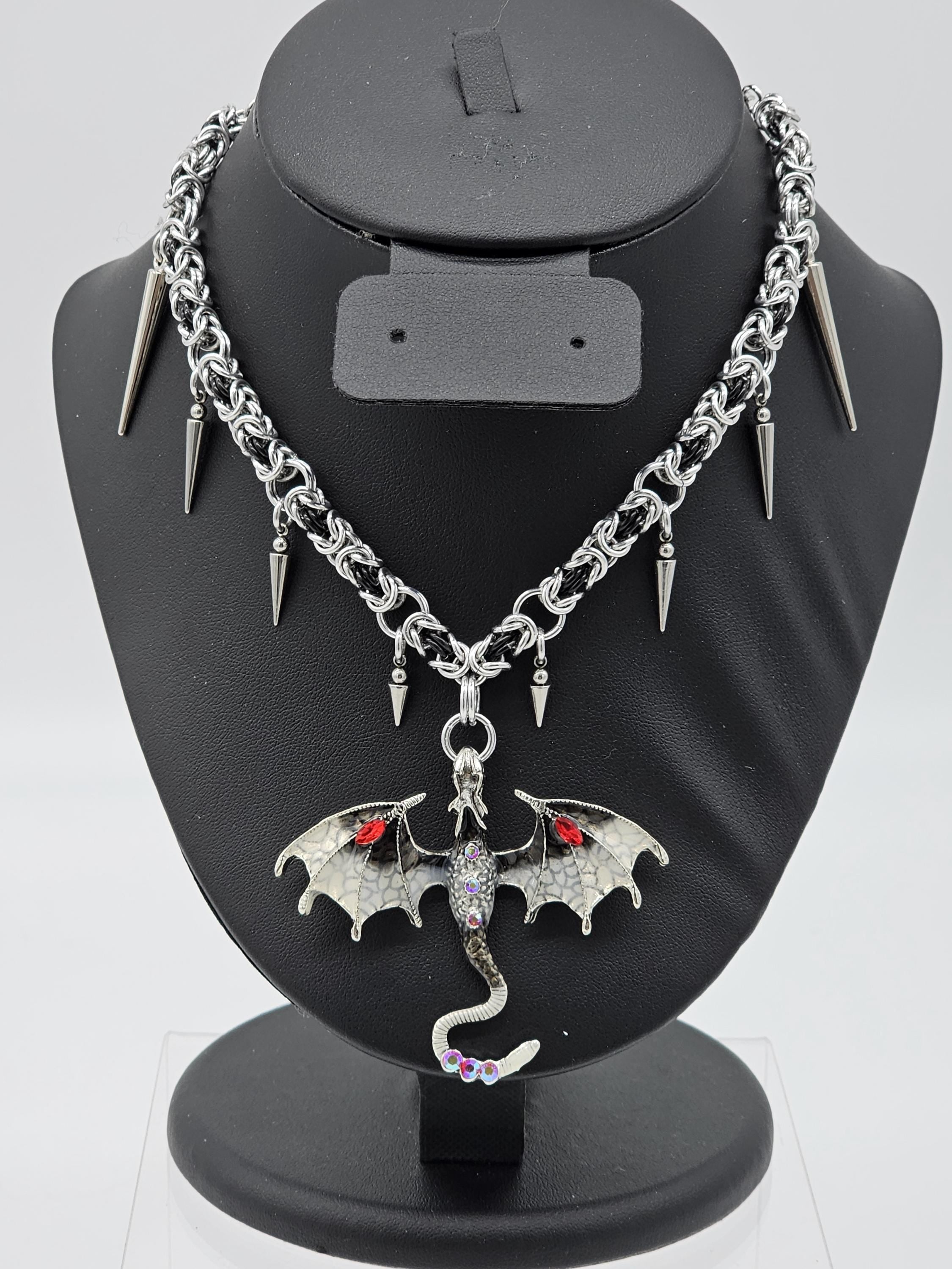 Black & Silver Byzantine Chainmail Dragon Choker | Spiked Handmade Statement Necklace - Gray Cat Manor Designs