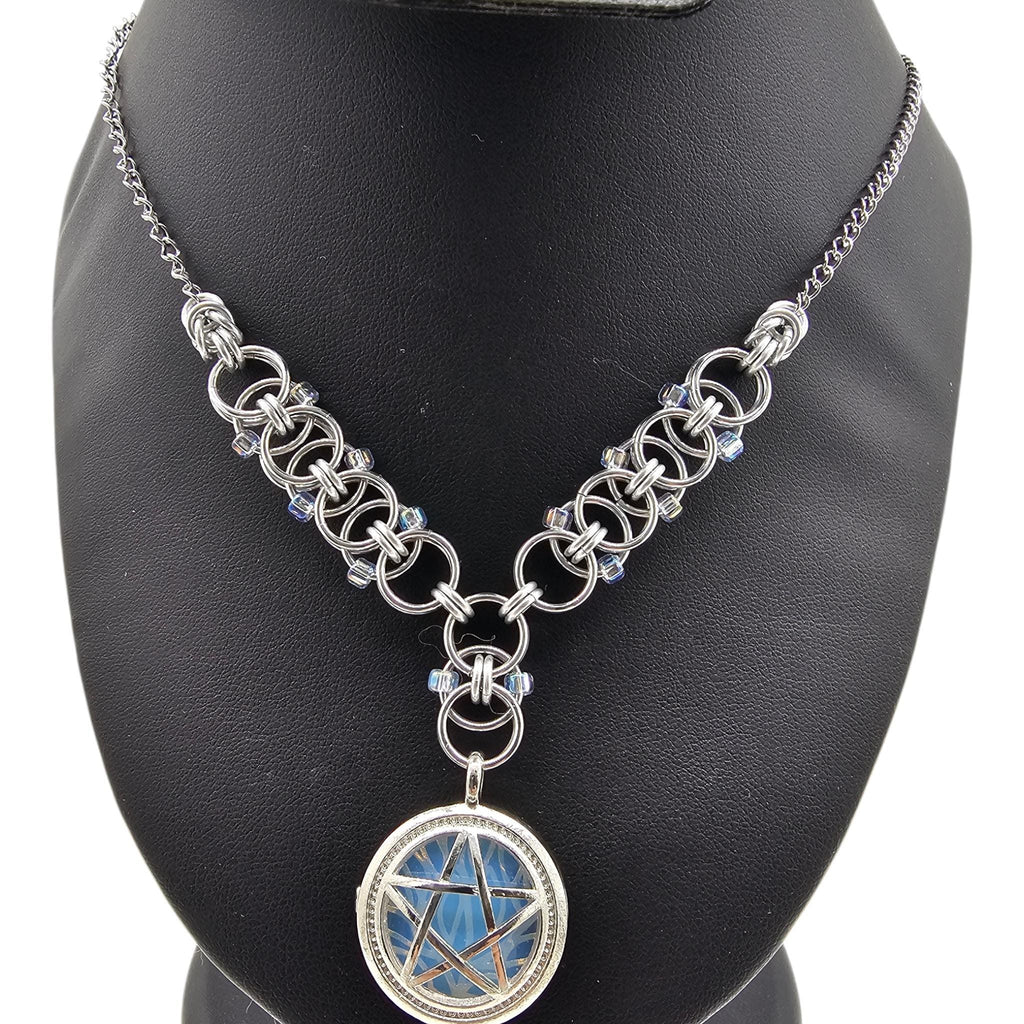Opalite Pentacle Chainmail Choker | Beaded Helm Weave Witchy Necklace