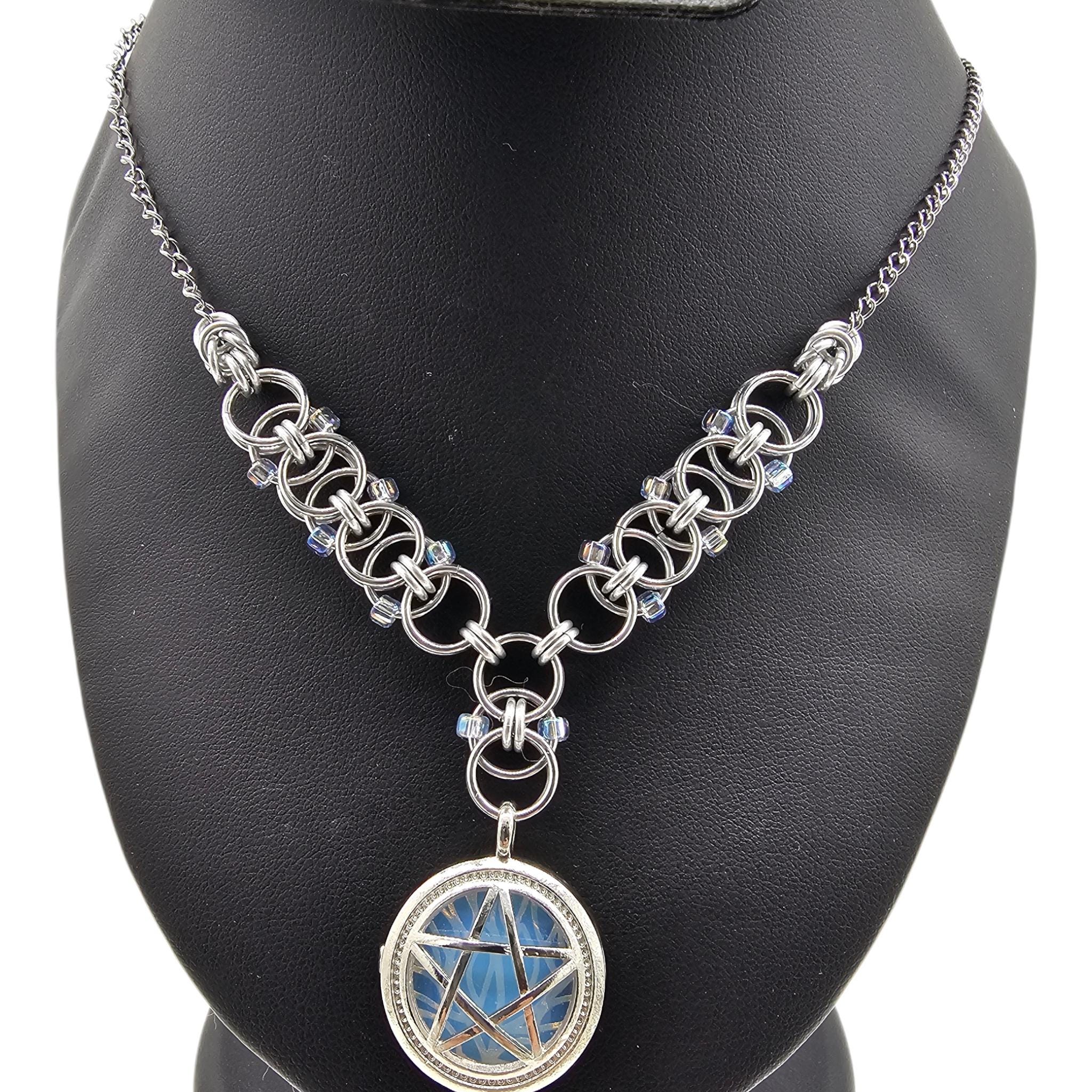 Opalite Pentacle Chainmail Choker | Beaded Helm Weave Witchy Necklace