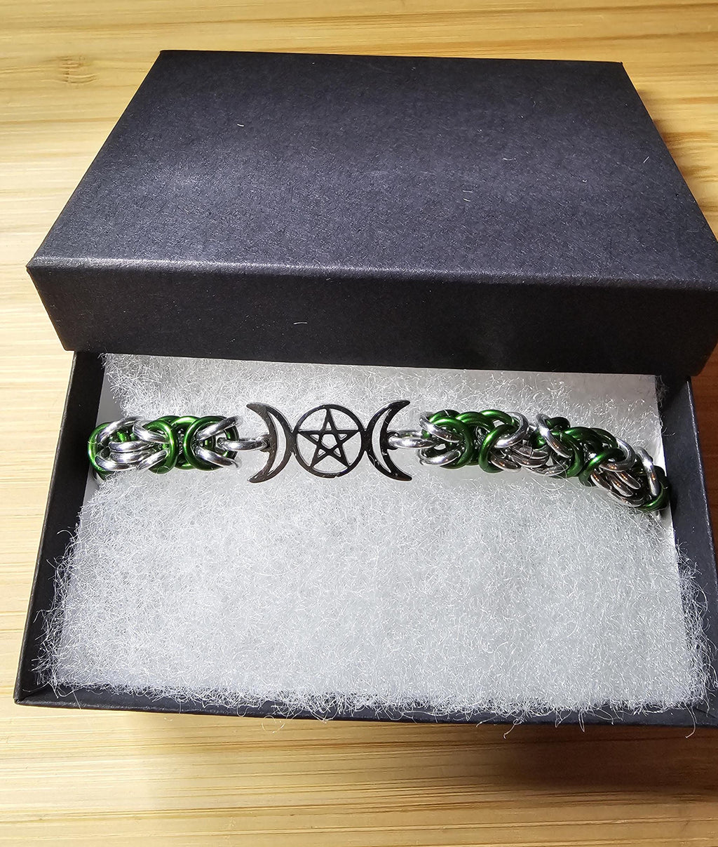 Triple Moon Goddess Chainmail Bracelet | Byzantine Weave Pagan Witchy Jewelry - Gray Cat Manor Designs