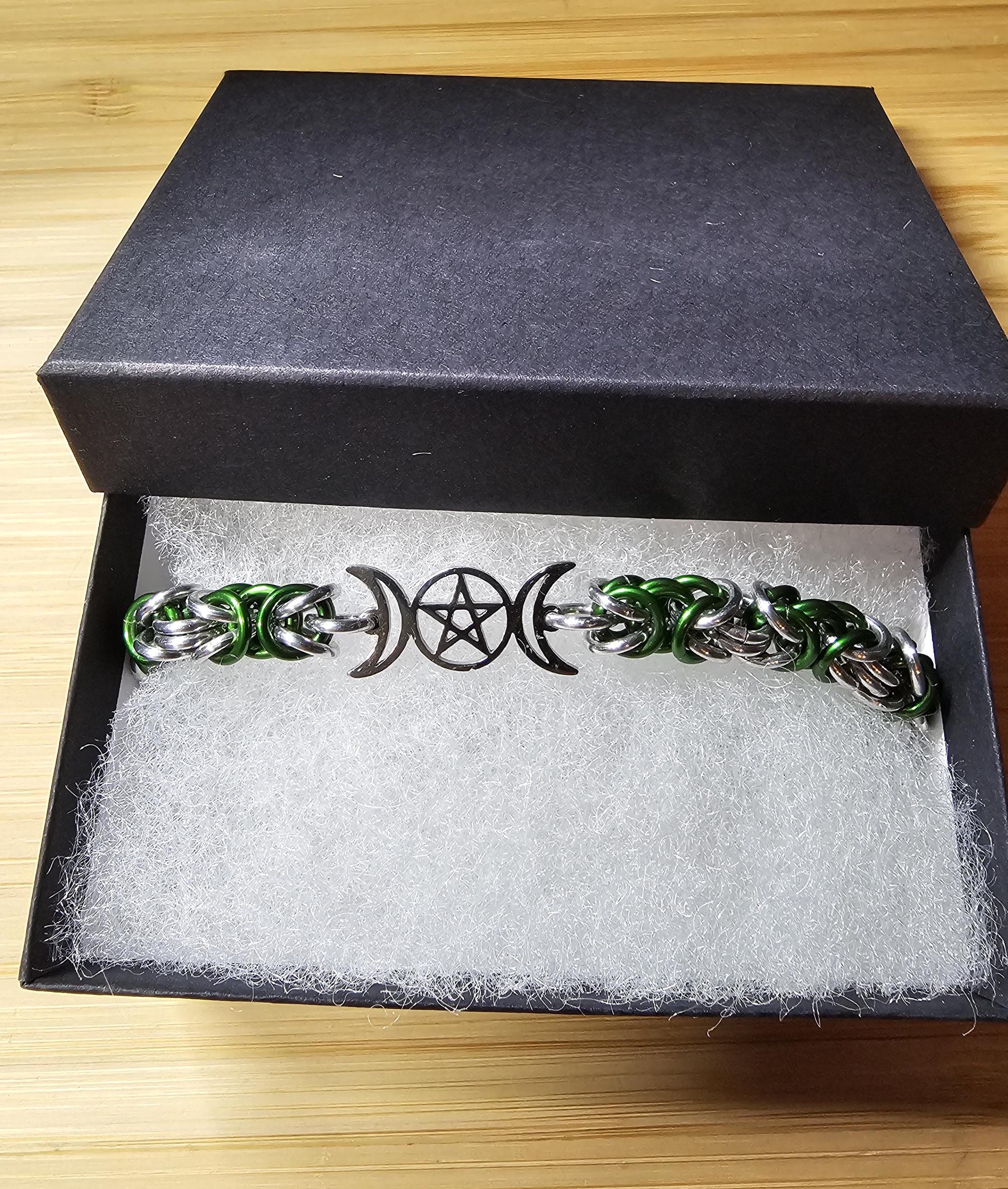 Triple Moon Goddess Chainmail Bracelet | Byzantine Weave Pagan Witchy Jewelry