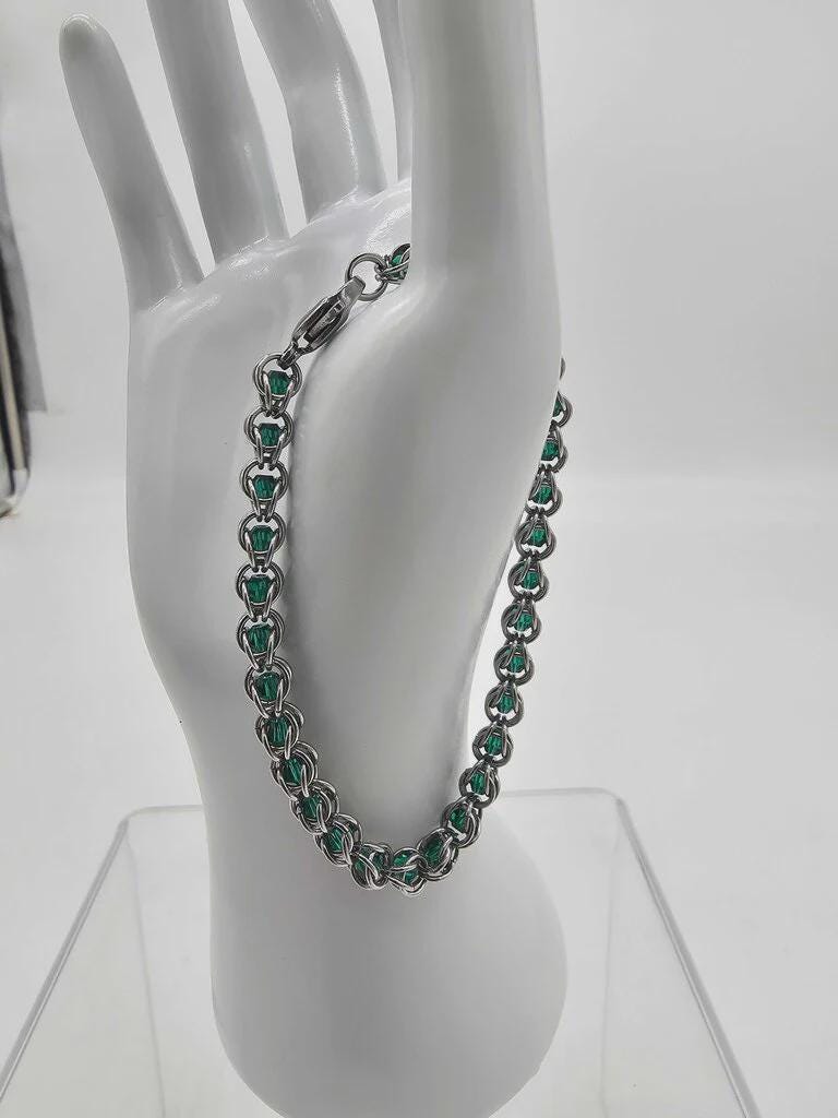 Emerald Green Crystal Chainmail Bracelet | Stainless Steel with Captured Beads