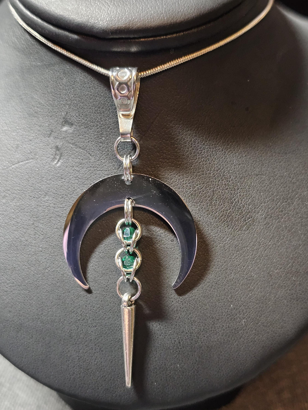 Crescent Moon Goddess Chainmail Necklace | Stainless Steel Crystal Bead Spike Pendant
