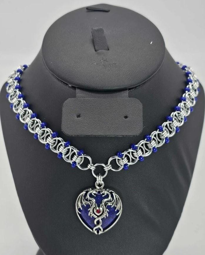 Blue Dragon Heart Chainmail Choker | Lapis Lazuli & Cobalt Helm Weave Necklace - Gray Cat Manor Designs