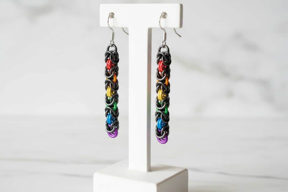 Black and Rainbow Byzantine Chainmail Earrings - closer crop