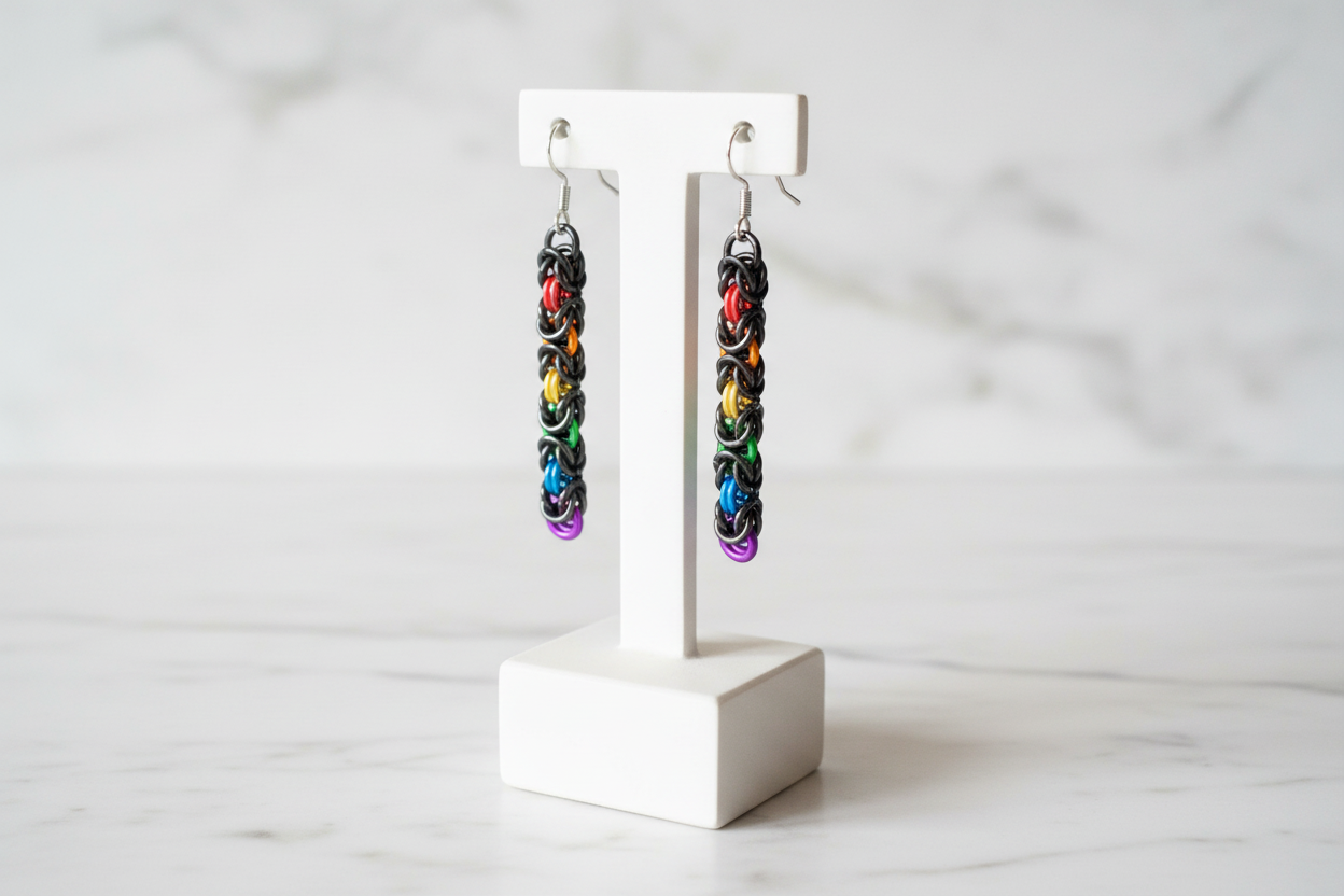 Black and Rainbow Byzantine Chainmail Earrings - lifestyle version