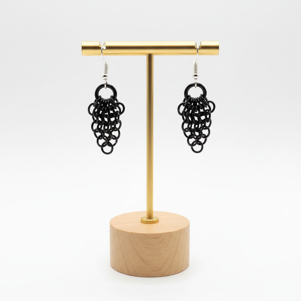 Black Chainmail Fan Earrings on Display Stand