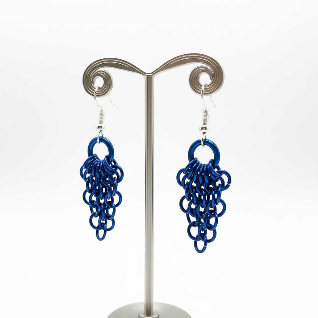 Blue Chainmail Fan Earrings on Display Stand