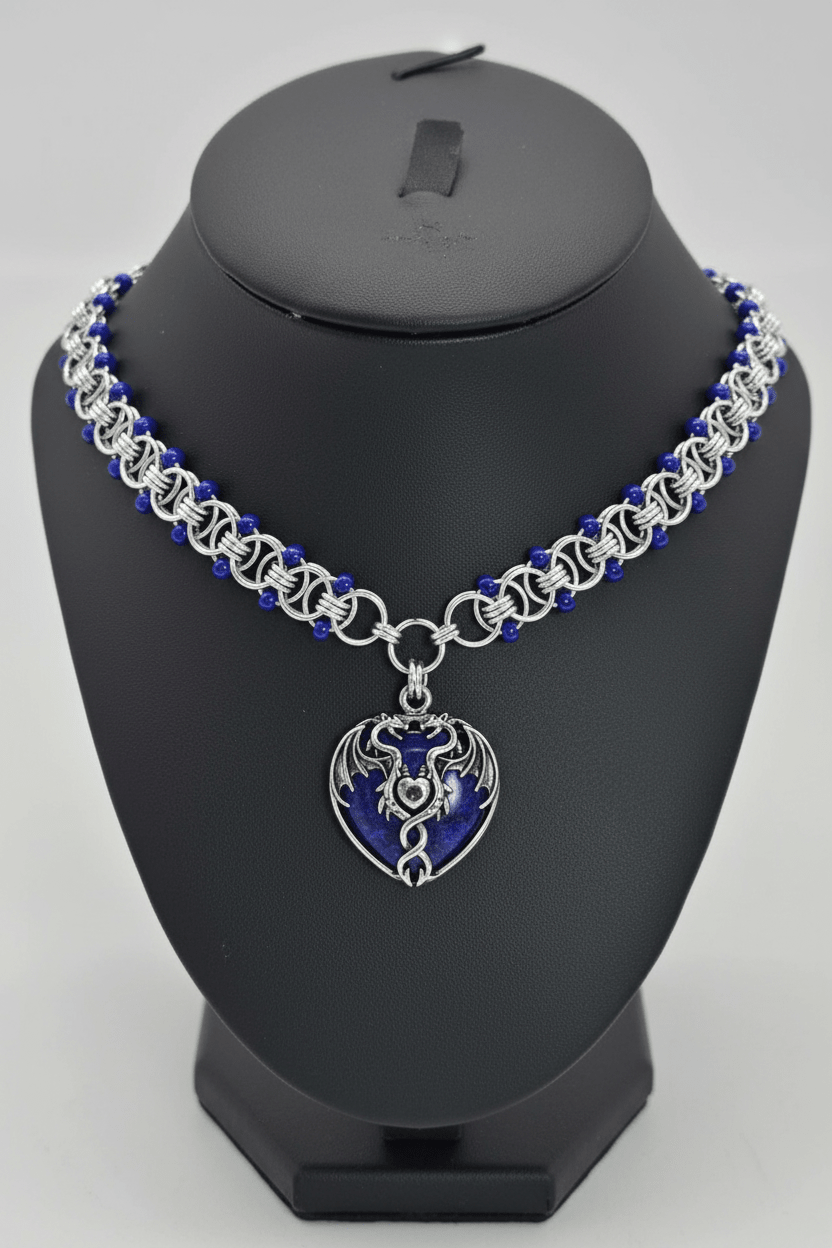 Blue Dragon Heart Chainmail Choker | Lapis Lazuli & Cobalt Helm Weave Necklace - Gray Cat Manor Designs