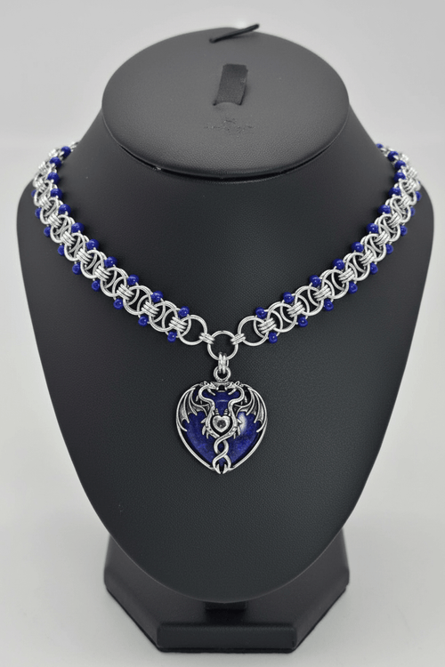Blue Dragon Heart Chainmail Choker | Lapis Lazuli & Cobalt Helm Weave Necklace - Gray Cat Manor Designs