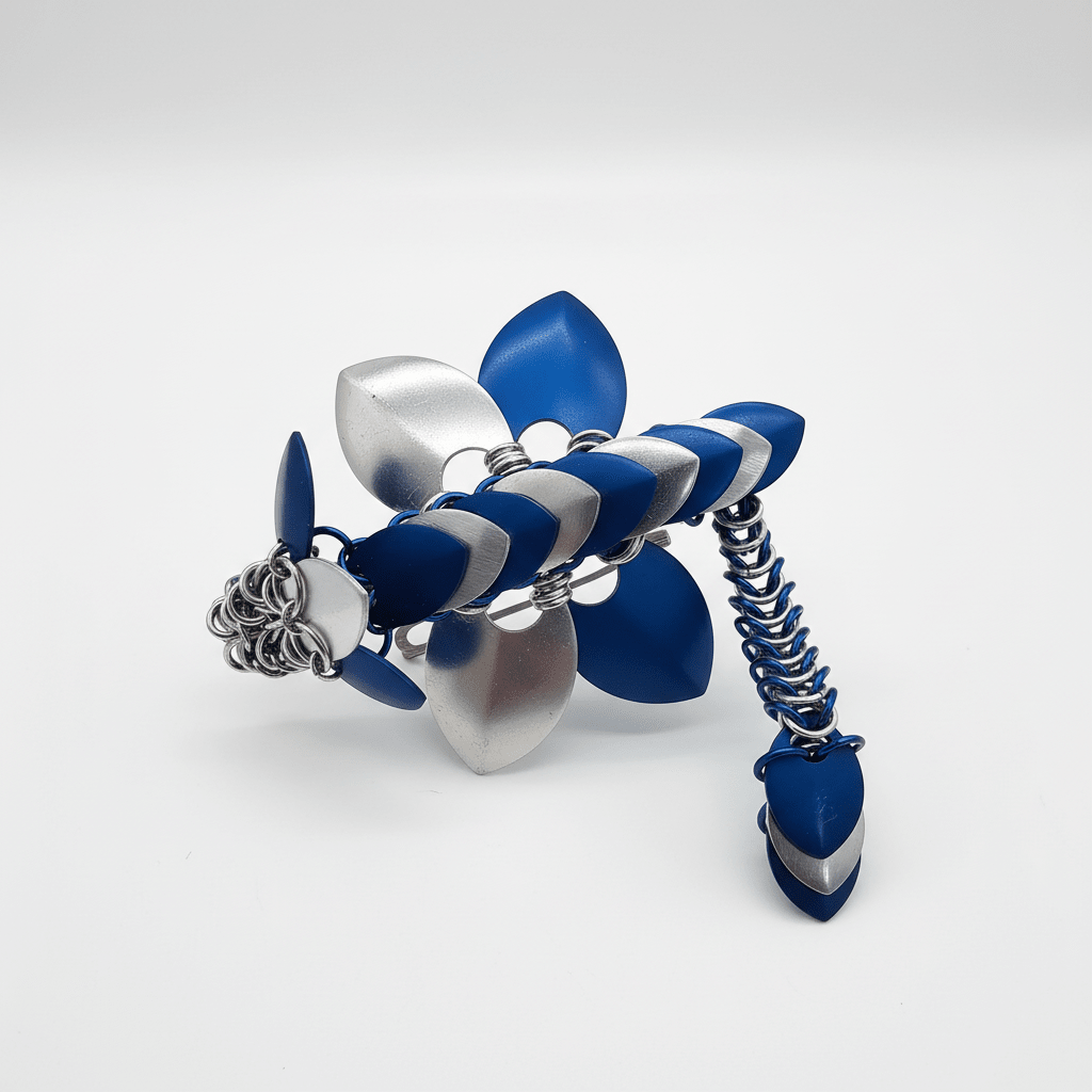 Dragon Barrette | Blue & Silver Chainmail Hair Clip - Gray Cat Manor Designs