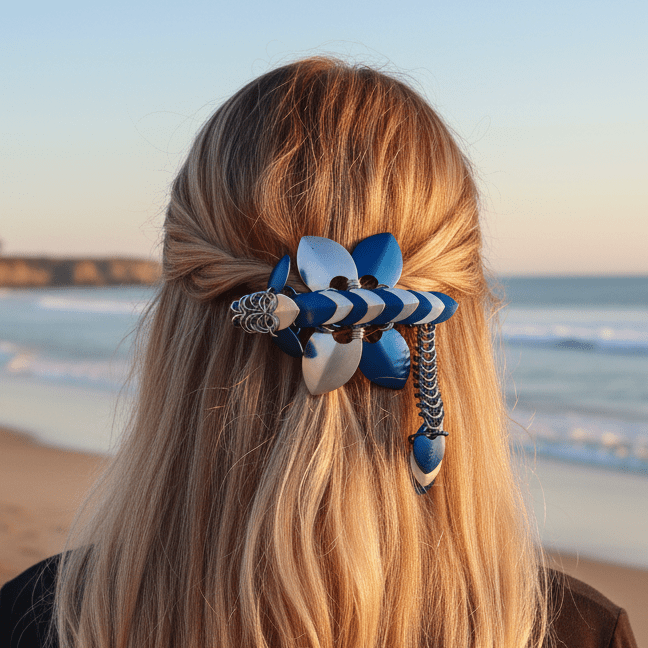 Dragon Barrette | Blue & Silver Chainmail Hair Clip - Gray Cat Manor Designs