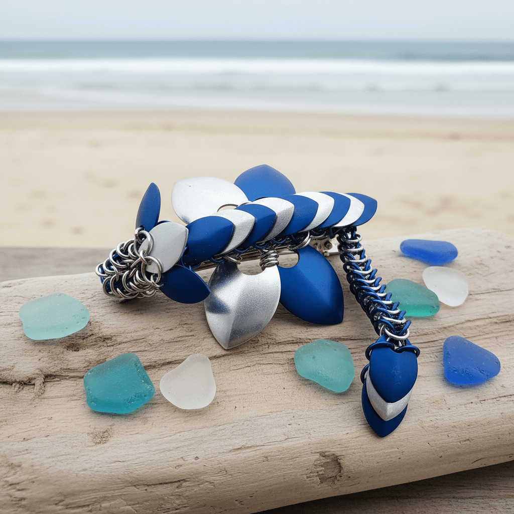 Dragon Barrette | Blue & Silver Chainmail Hair Clip - Gray Cat Manor Designs