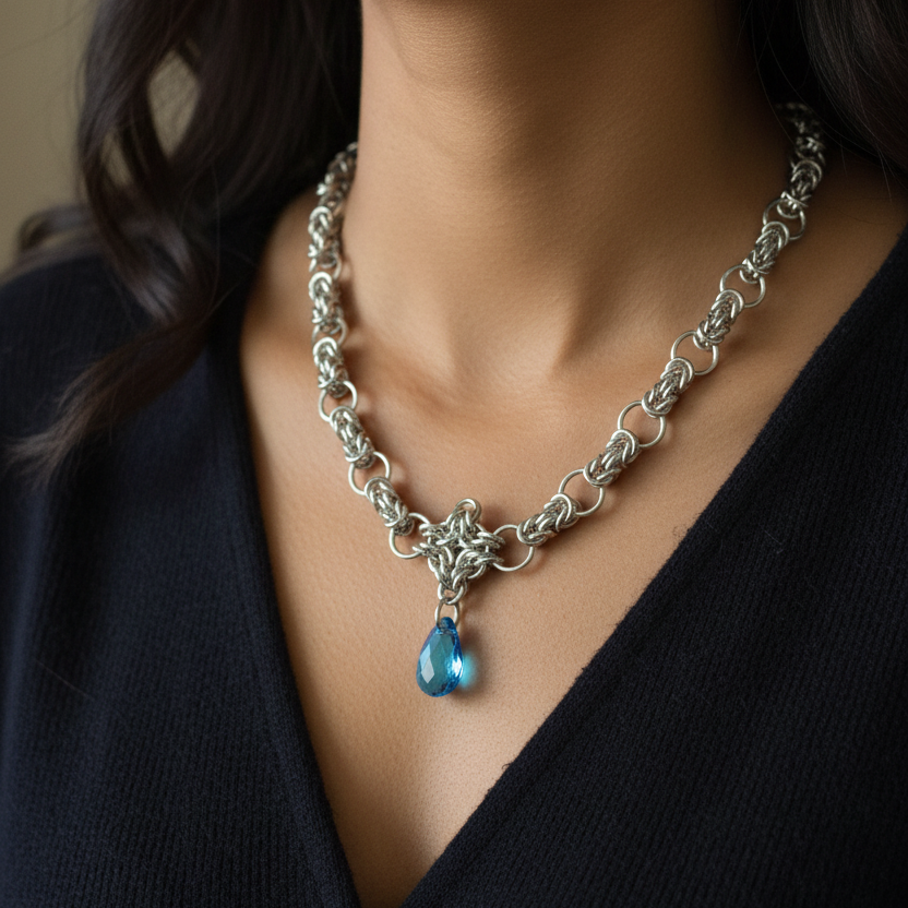 Byzantine Necklace with Blue Crystal on Model