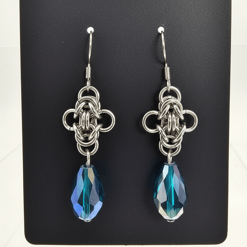 Stainless Steel Byzantine Earrings | Iridescent Teal Blue Crystal Drop Chainmail Earrings - Gray Cat Manor Designs
