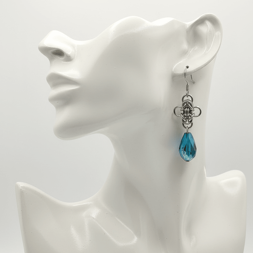 Stainless Steel Byzantine Earrings | Iridescent Teal Blue Crystal Drop Chainmail Earrings - Gray Cat Manor Designs